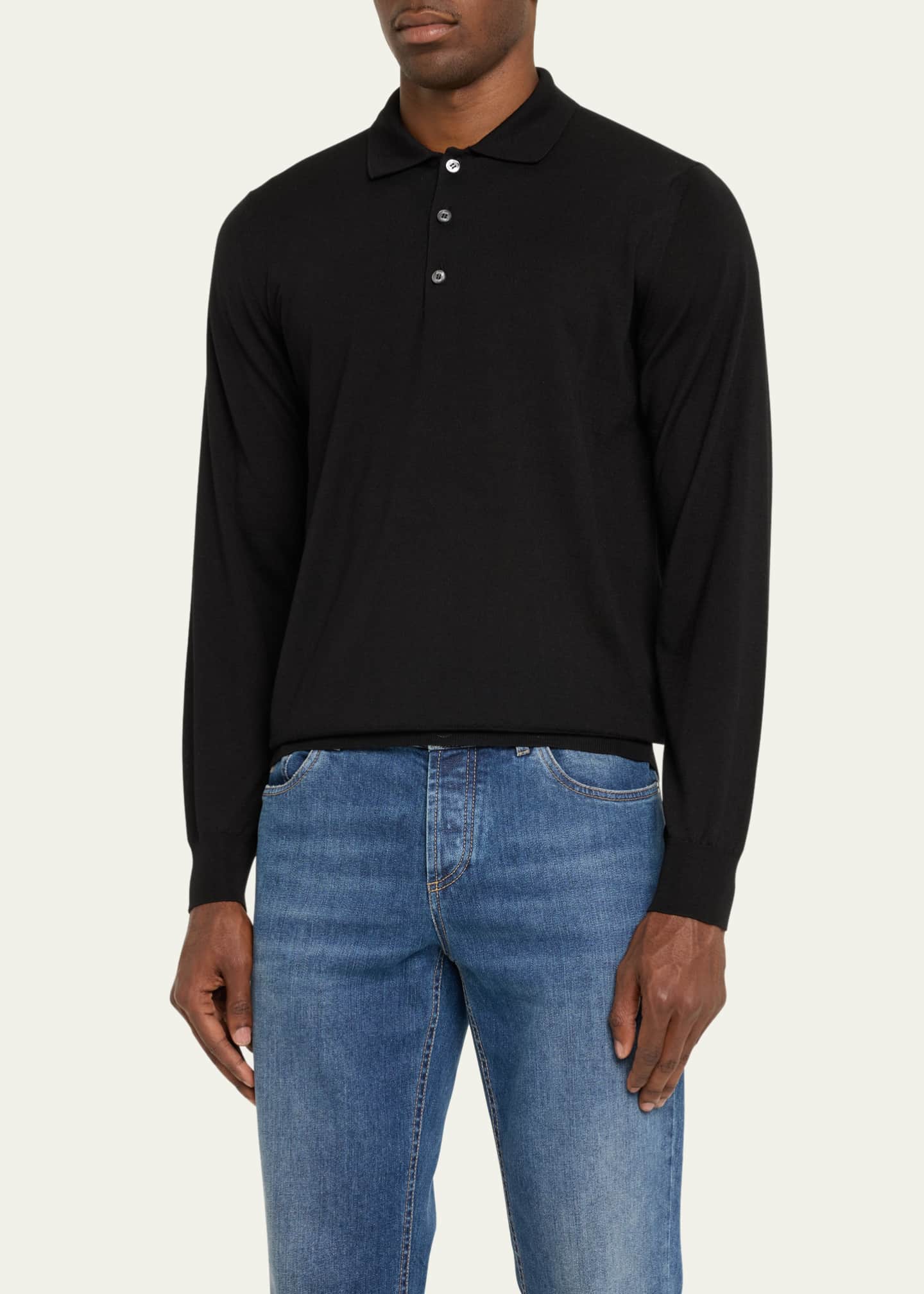 Brioni Men's Cashmere and Silk Long-Sleeve Polo Shirt Image 4 of 5