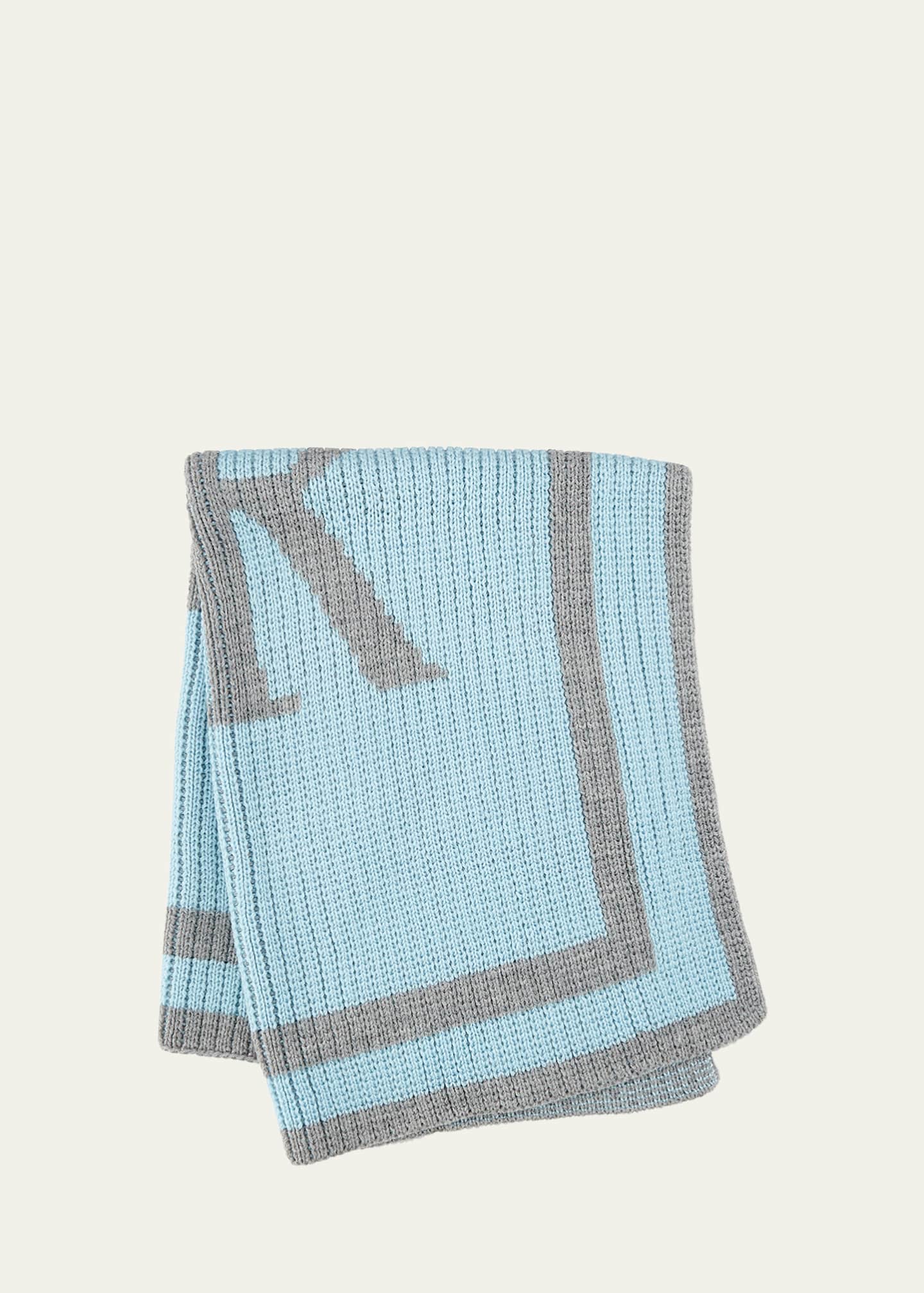 Butterscotch Blankees Monogrammed Knit Striped-Trim Baby Blanket, Light Blue Image 2 of 2