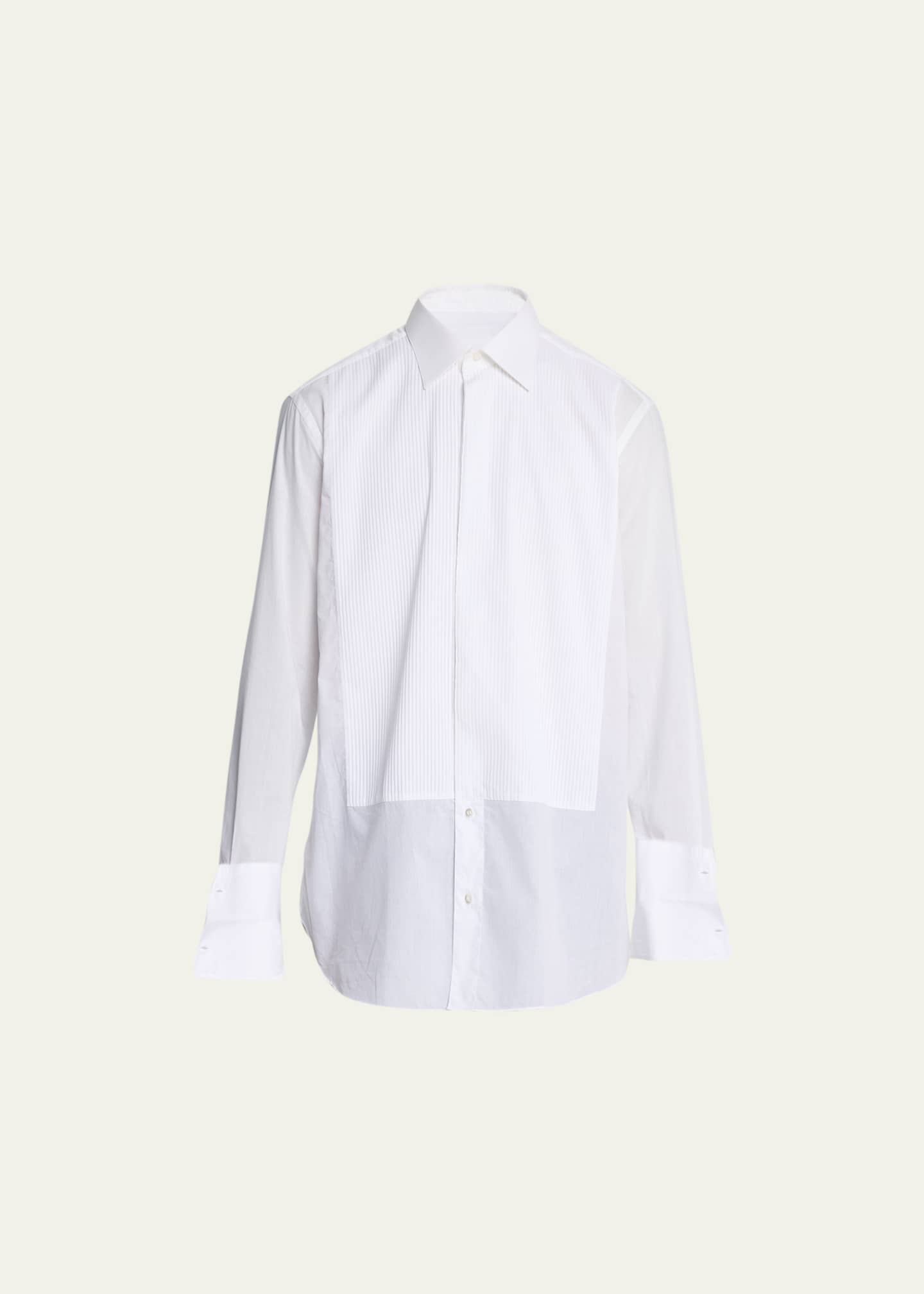 Brioni Pleated Poplin French Cuff Dress Shirt White