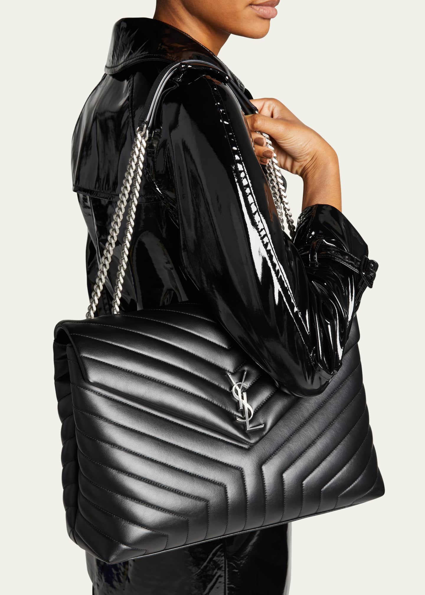 Saint Laurent Loulou Monogram Ysl Large V-Flap Chain Shoulder Bag - Nickel Oxide Hardware Black