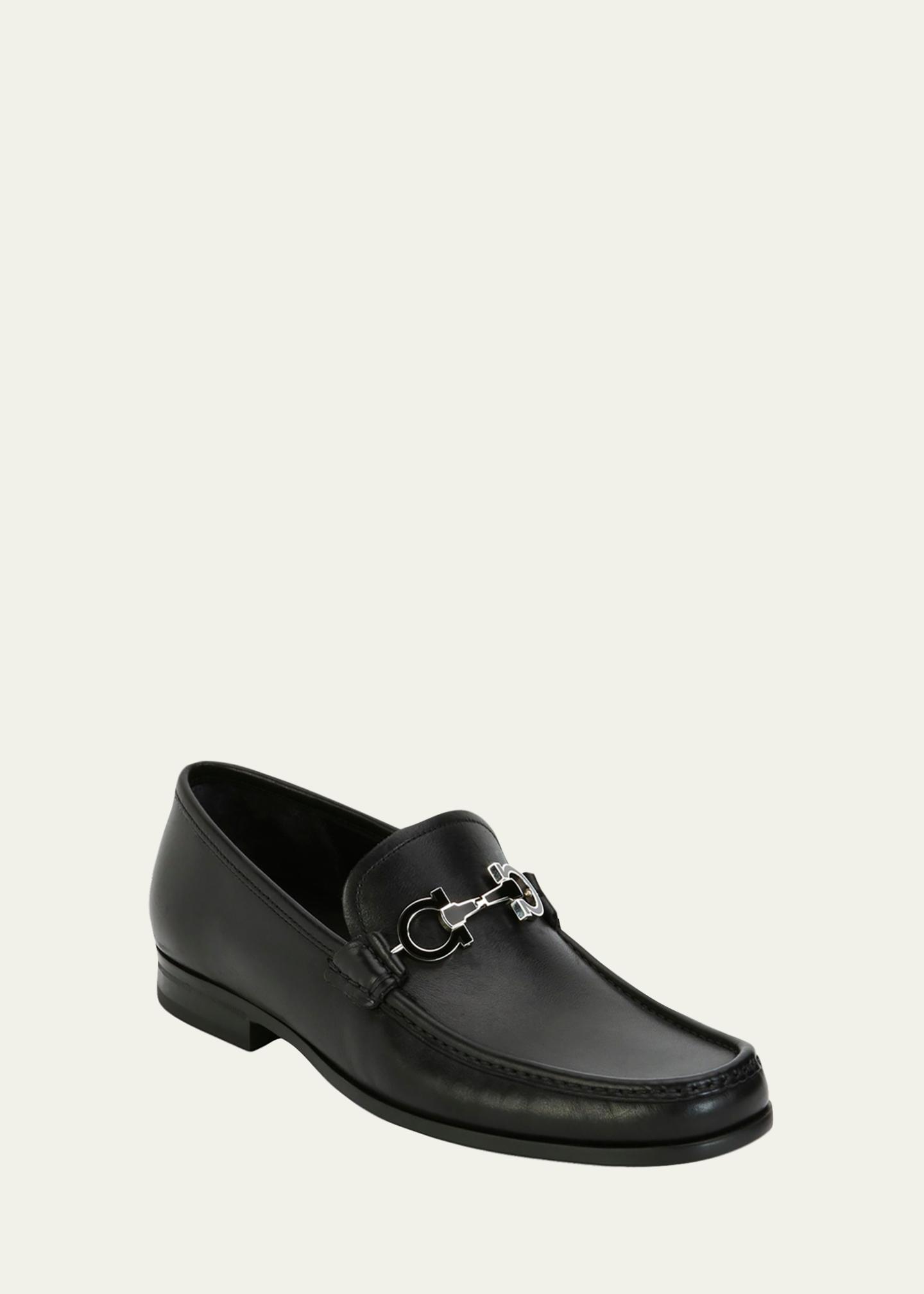 FERRAGAMO Men's Leather Loafer with Reversible Gancini Ornament