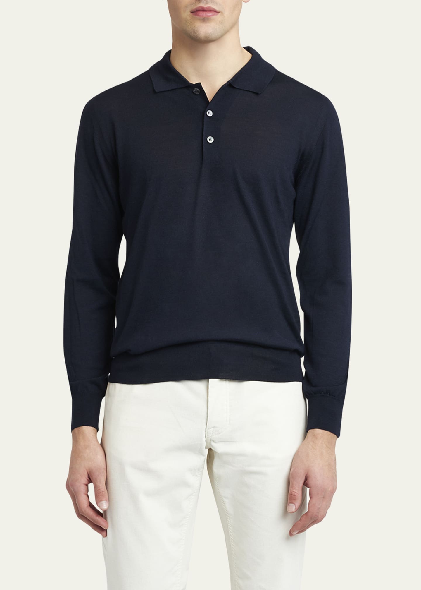 Brioni Men's Wool/Cashmere-Blend Long-Sleeve Polo Shirt Image 4 of 5