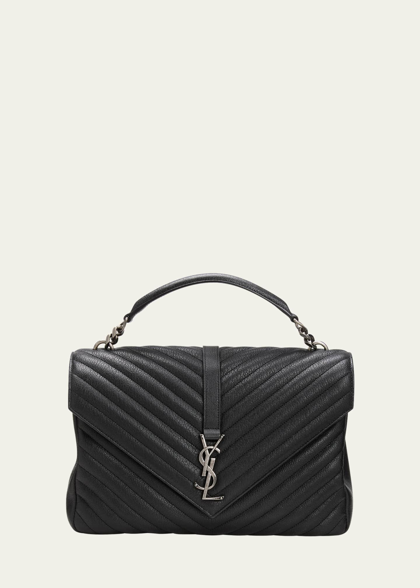 YSL Black College Large Quilted Leather V-Flap Shoulder Bag - A