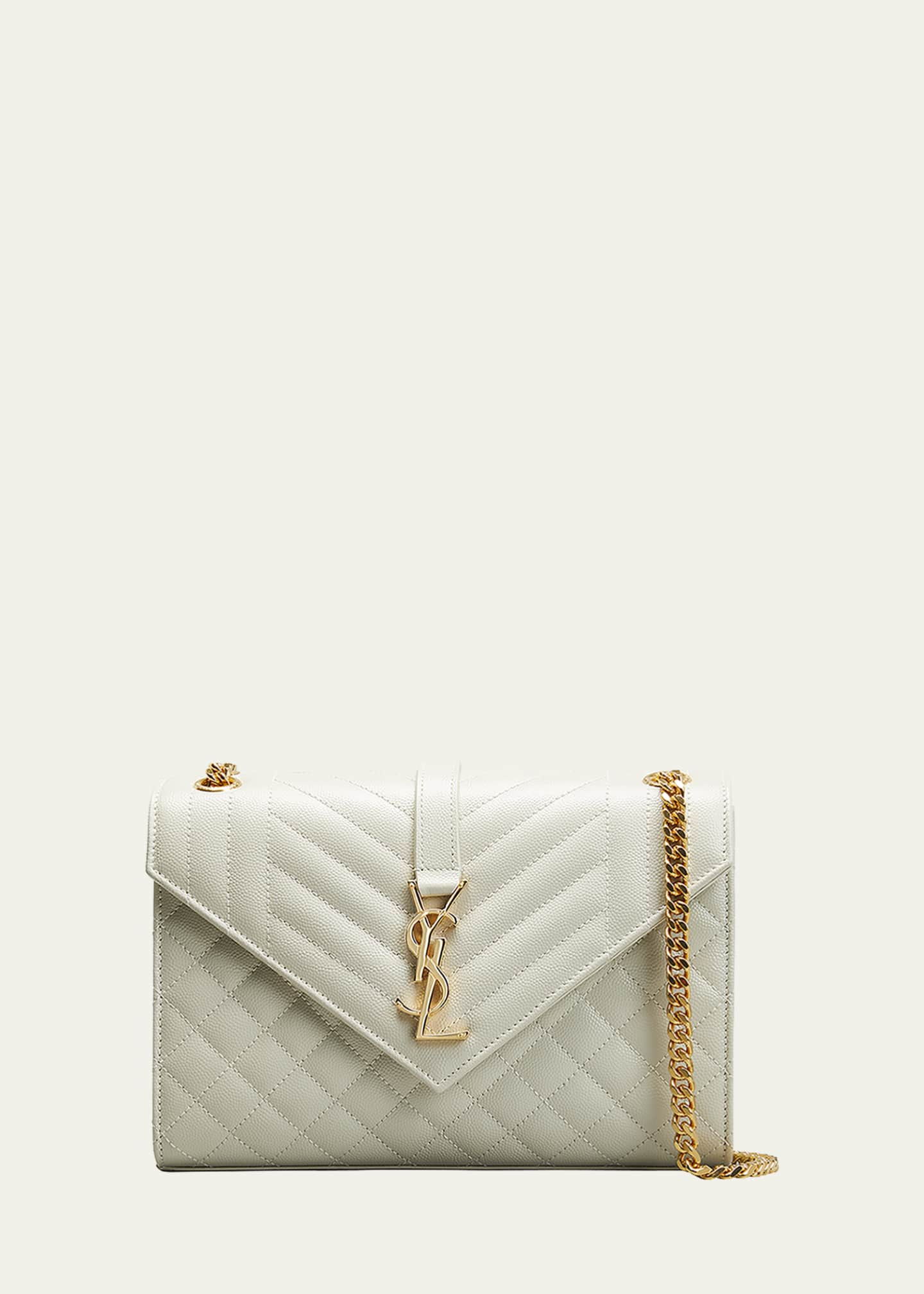 ホワイトYSLショルダーバッグ Yves Saint Laurent White Chevron Quilted Grained Leather Envelope