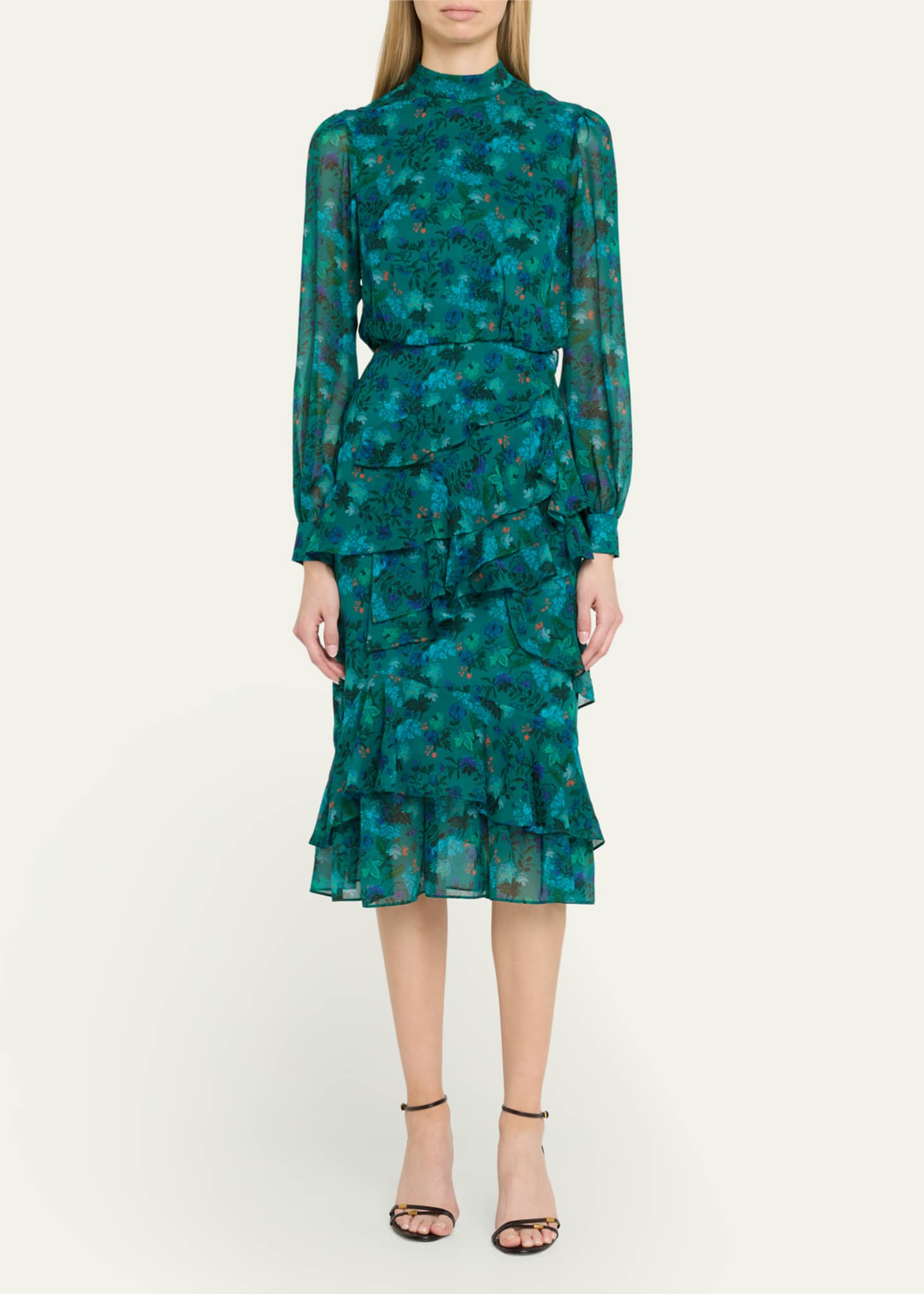 Saloni Isa Mock-Neck Floral-Print Silk Midi Dress Image 2 of 5