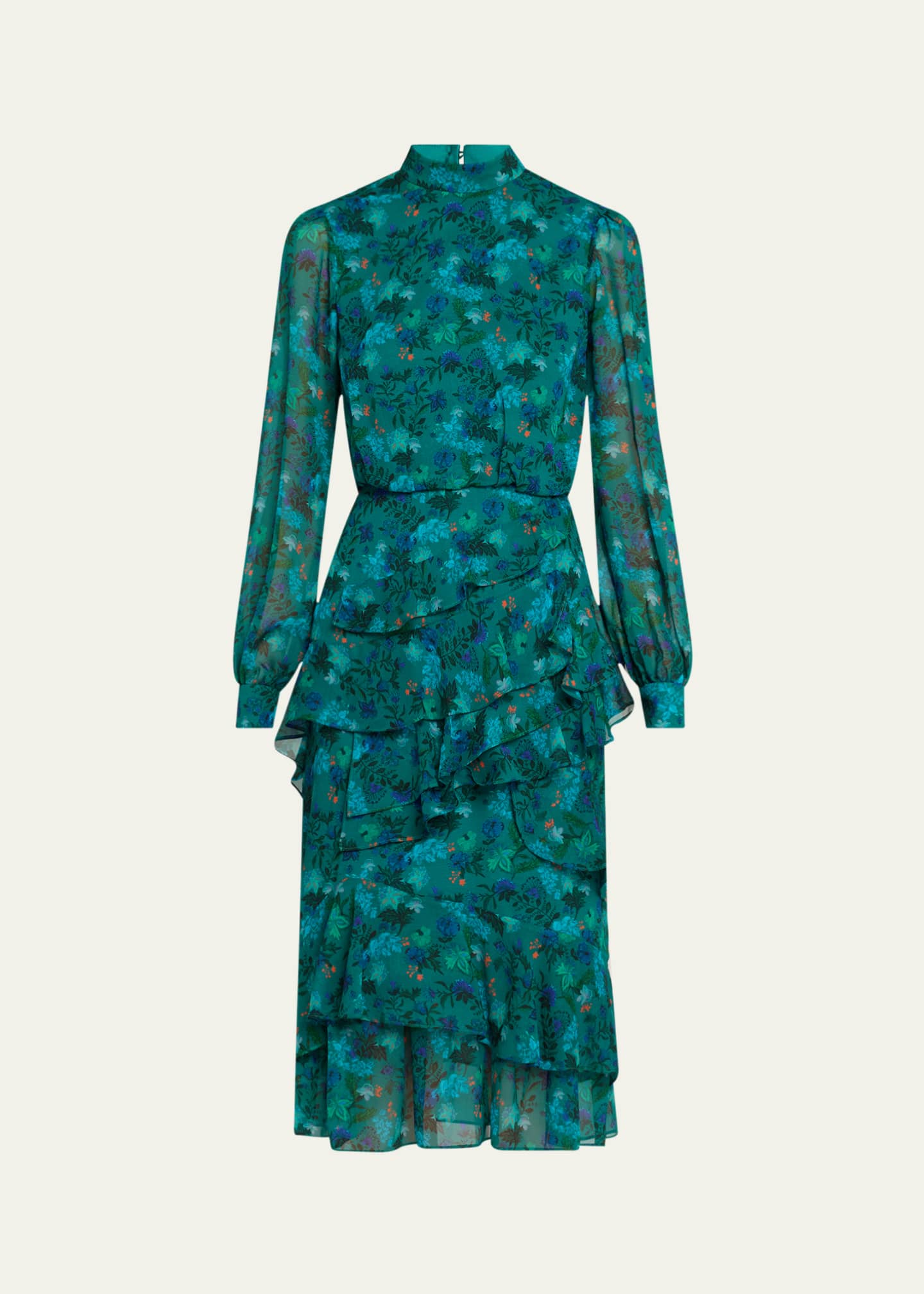 Saloni Isa Mock-Neck Floral-Print Silk Midi Dress Image 1 of 5