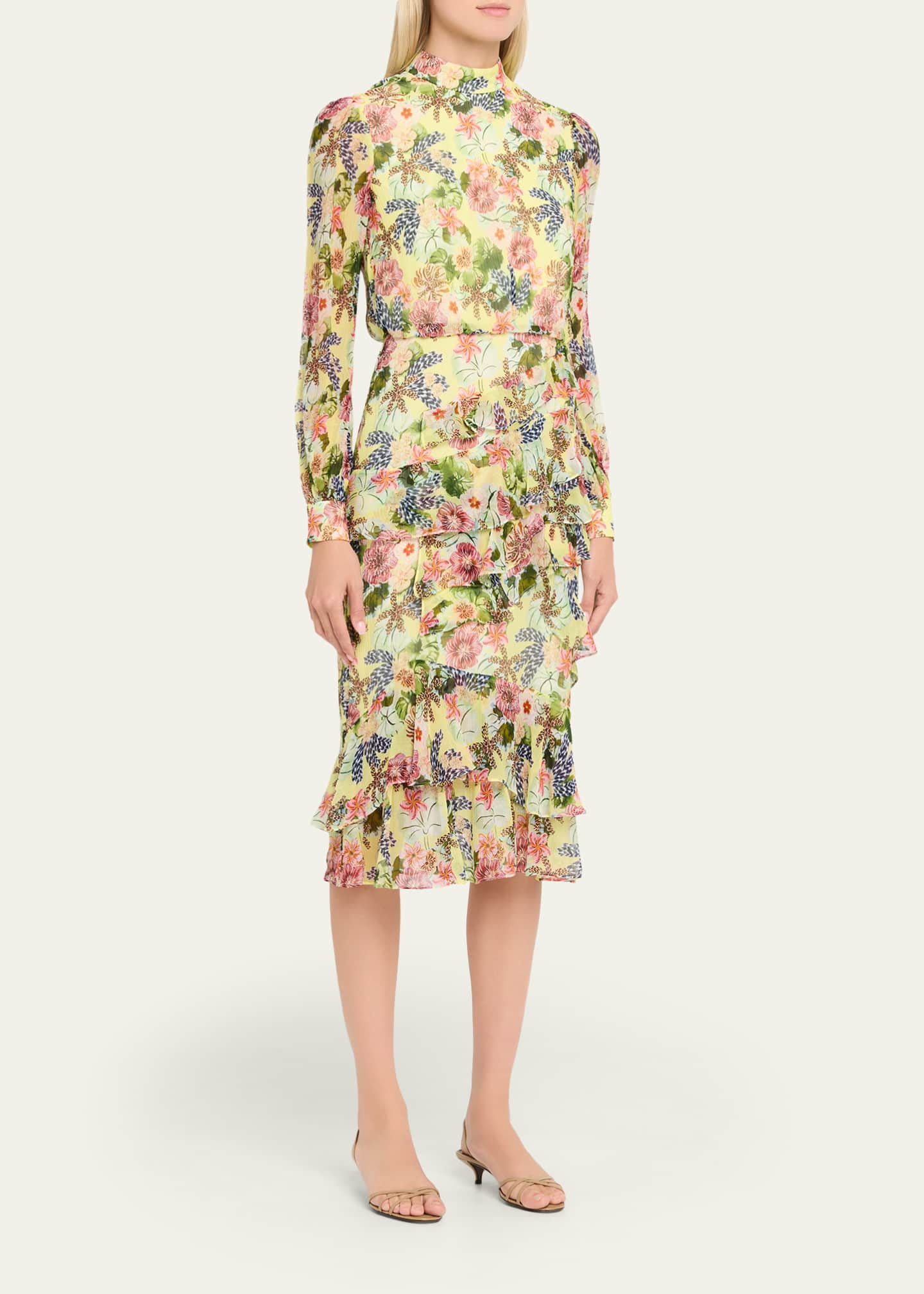 Saloni Isa Mock-Neck Floral-Print Silk Midi Dress - Bergdorf Goodman
