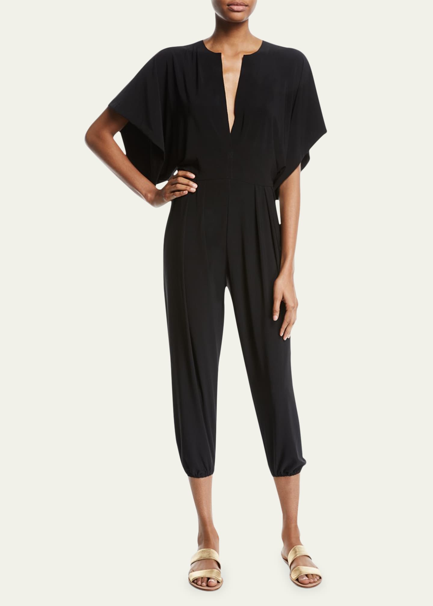 Norma Kamali Rectangle Plunging Kimono-Sleeve Jogger Jumpsuit ...