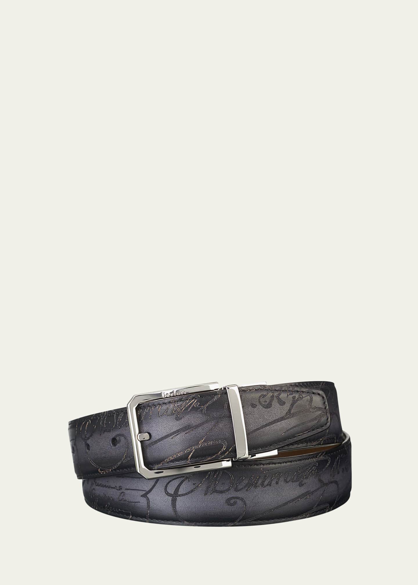 Berluti Men's Reversible Scripted Leather Belt - Bergdorf Goodman