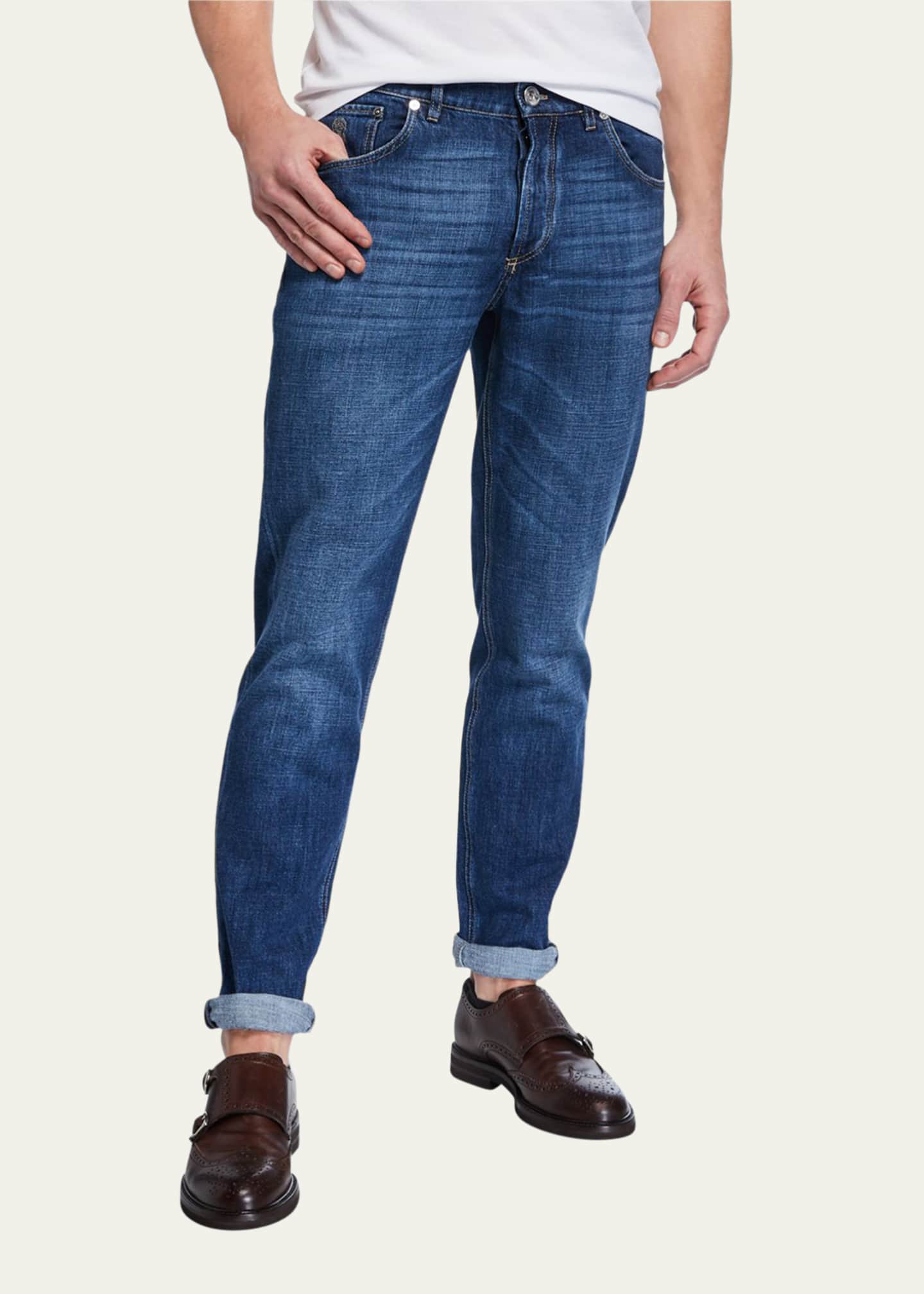 Brunello Cucinelli Men's Medium-Wash Basic-Fit Denim Jeans Image 3 of 3