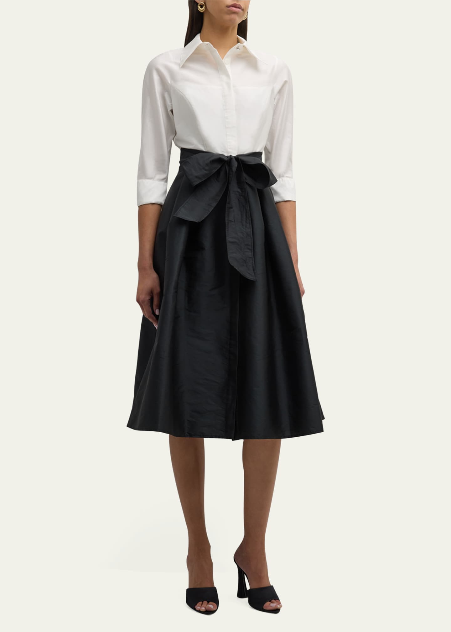 Rickie Freeman for Teri Jon Two-Tone 3/4-Sleeve Taffeta Shirtdress Image 4 of 5