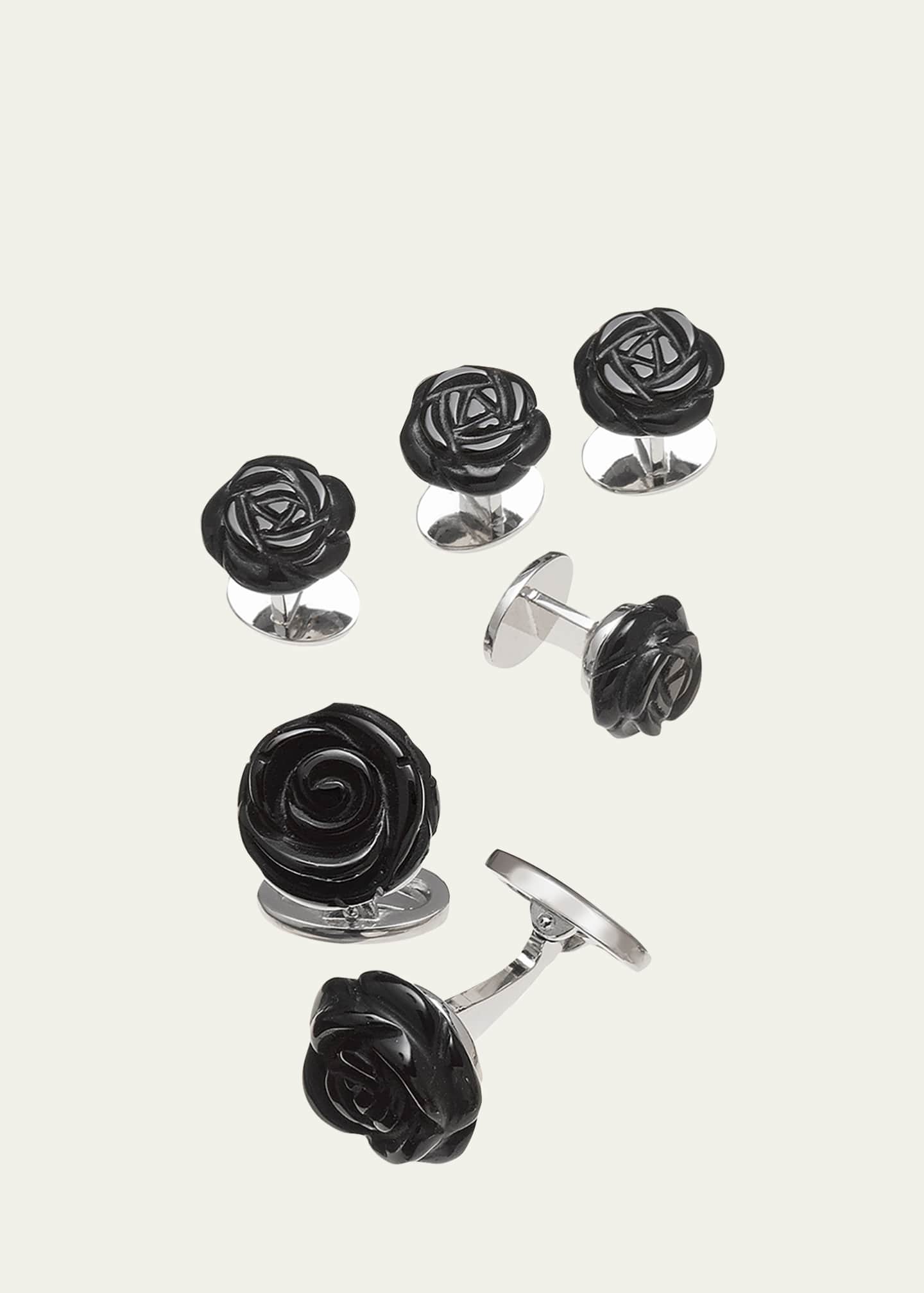 Jan Leslie Onyx Carved Rose Tuxedo Cuff Link and Stud Set