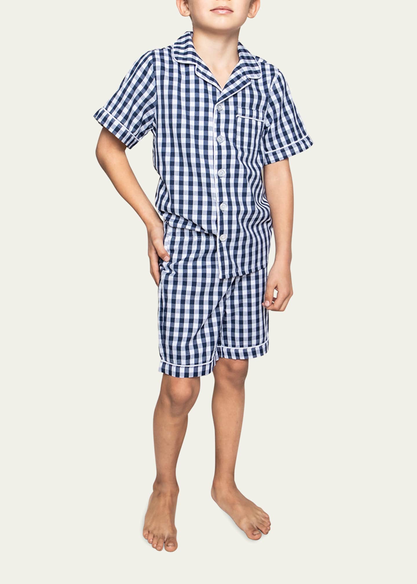 Petite Plume Kid's Gingham Twill Pajama Set w/ Contrast Piping, Size 6M-14 Image 2 of 2