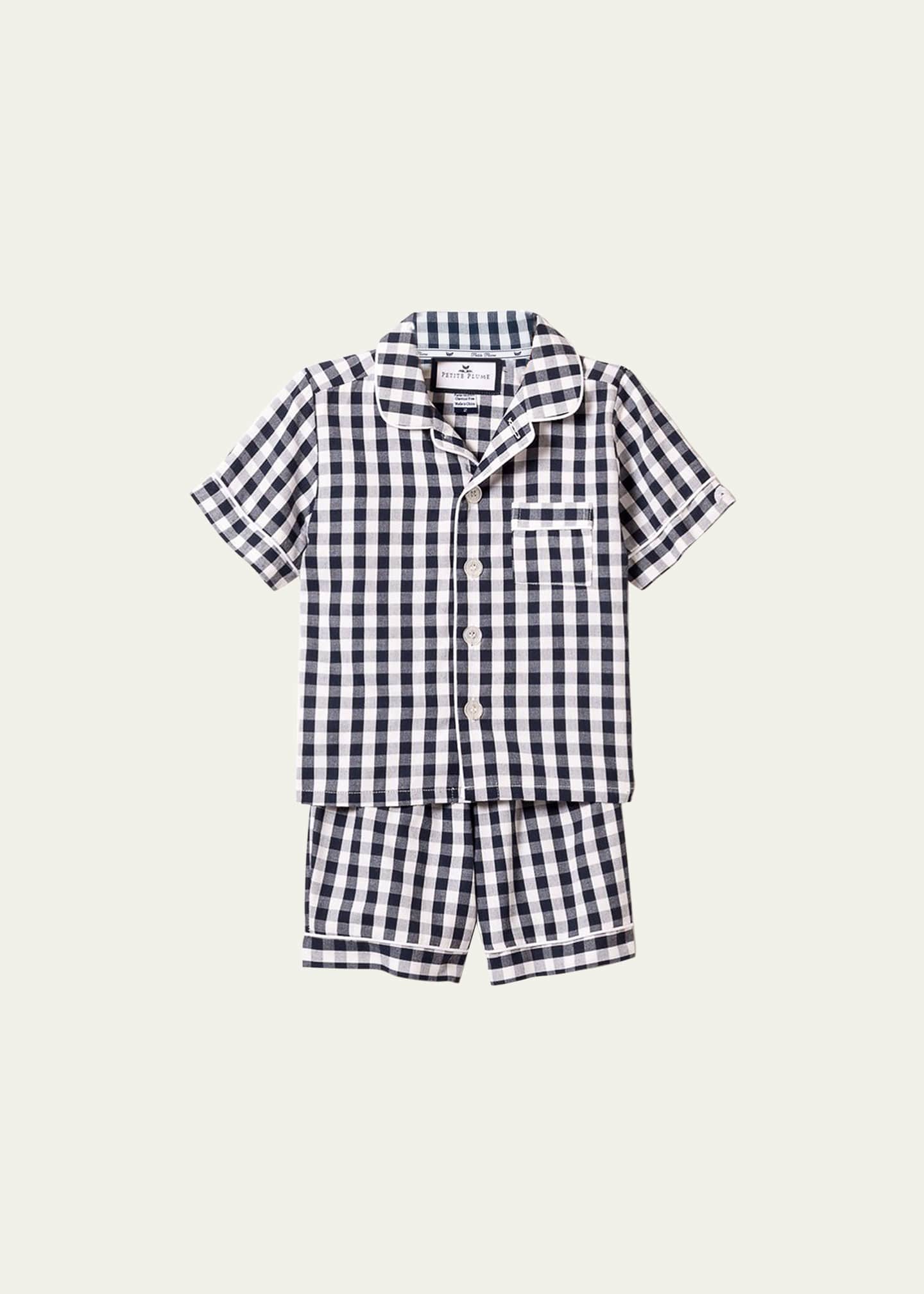 Petite Plume Kid's Gingham Twill Pajama Set w/ Contrast Piping, Size 6M-14 Image 1 of 2