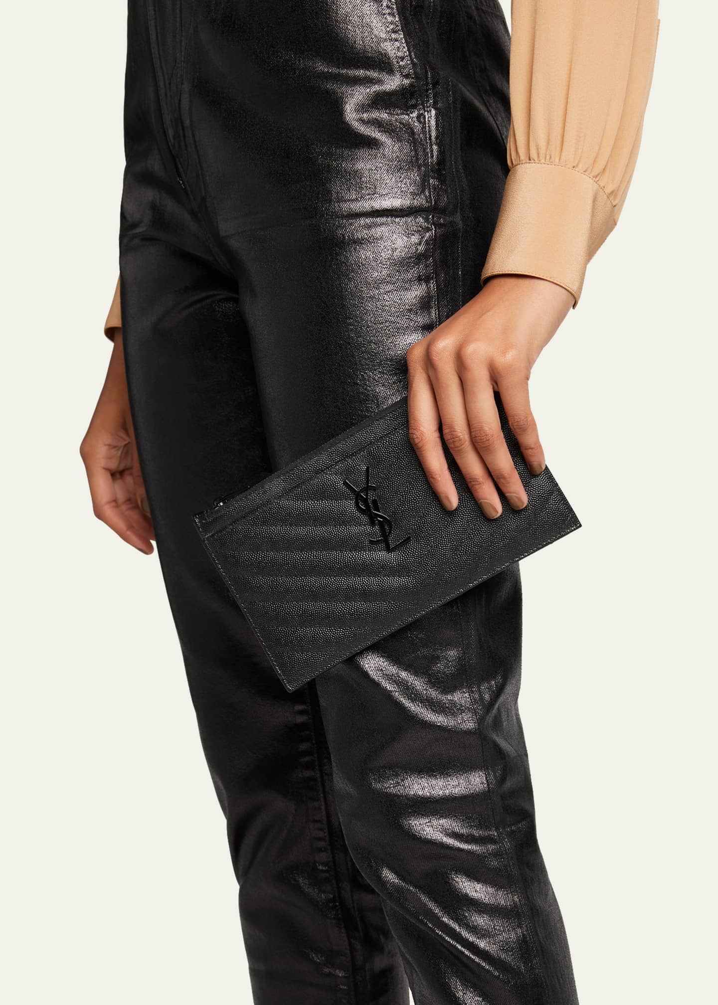 Saint Laurent Monogram YSL Metallic Quilted Bill Pouch Wallet