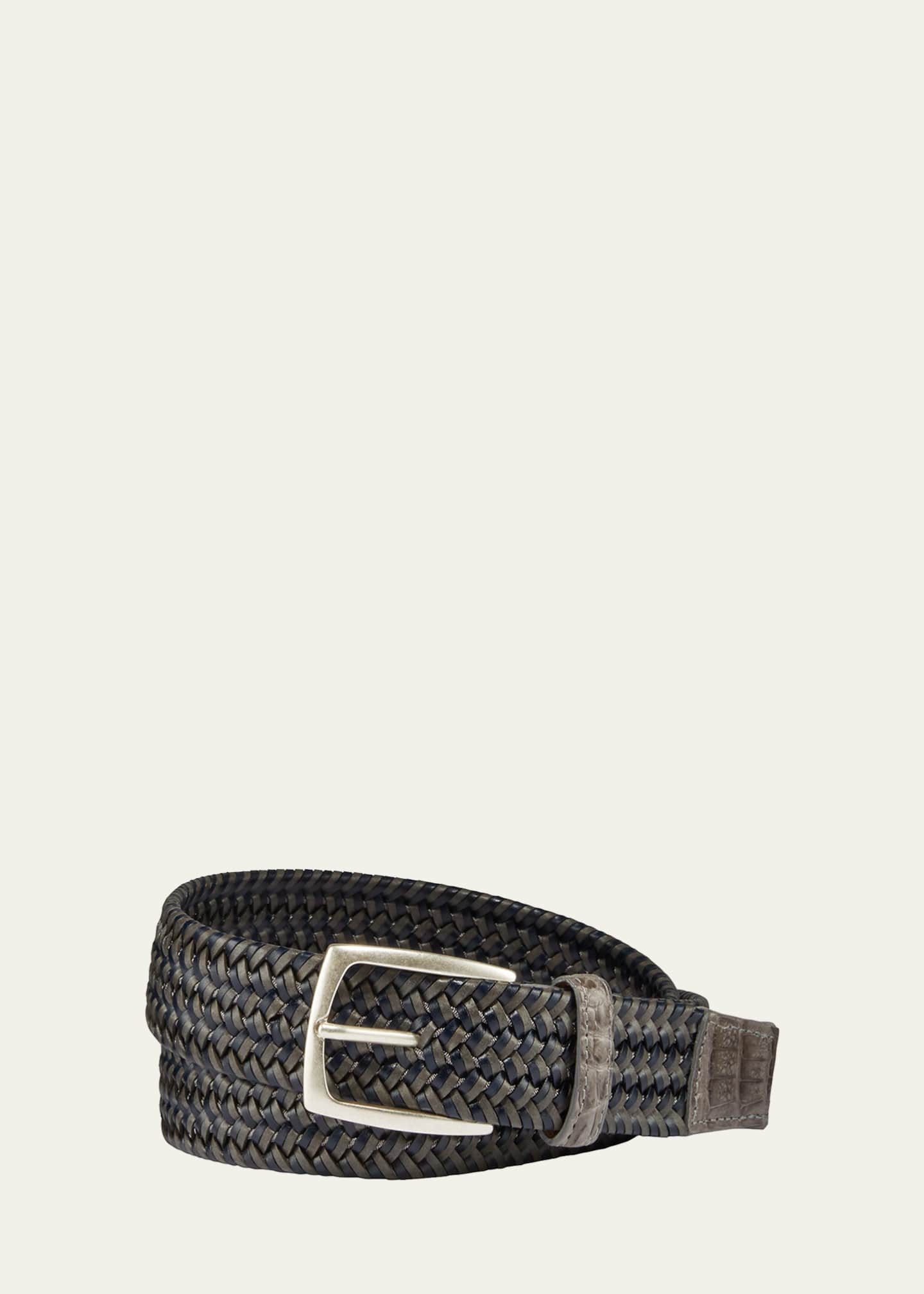 W. Kleinberg Men's Woven Leather Stretch Belt with Crocodile Trim