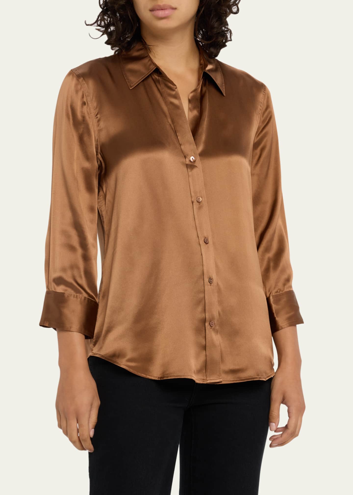 L'Agence Dani Silk Satin 3/4-Sleeve Button-Down Blouse - Bergdorf Goodman