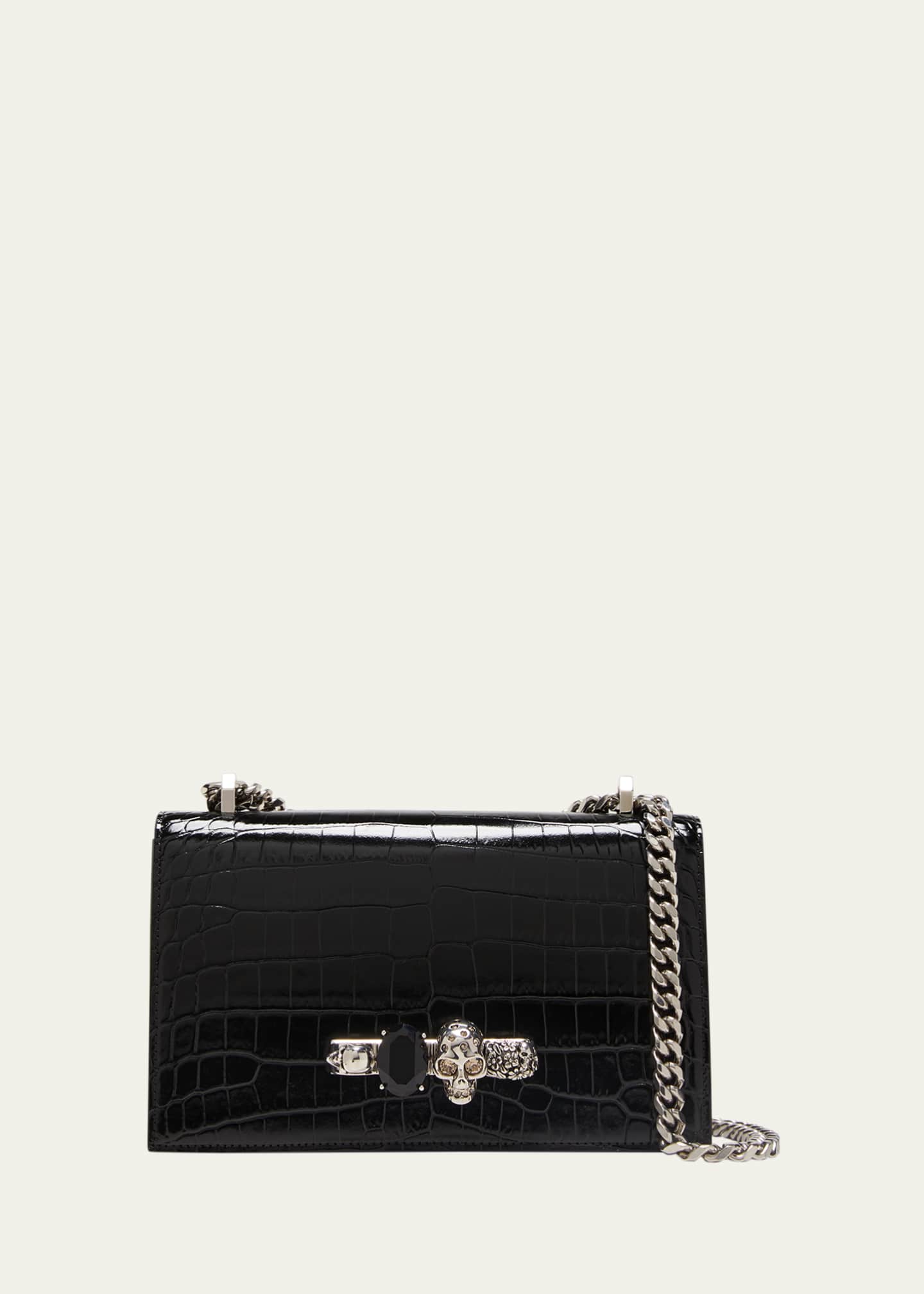 Alexander McQueen Shiny Croc-Embossed Jeweled Shoulder Bag - Bergdorf ...