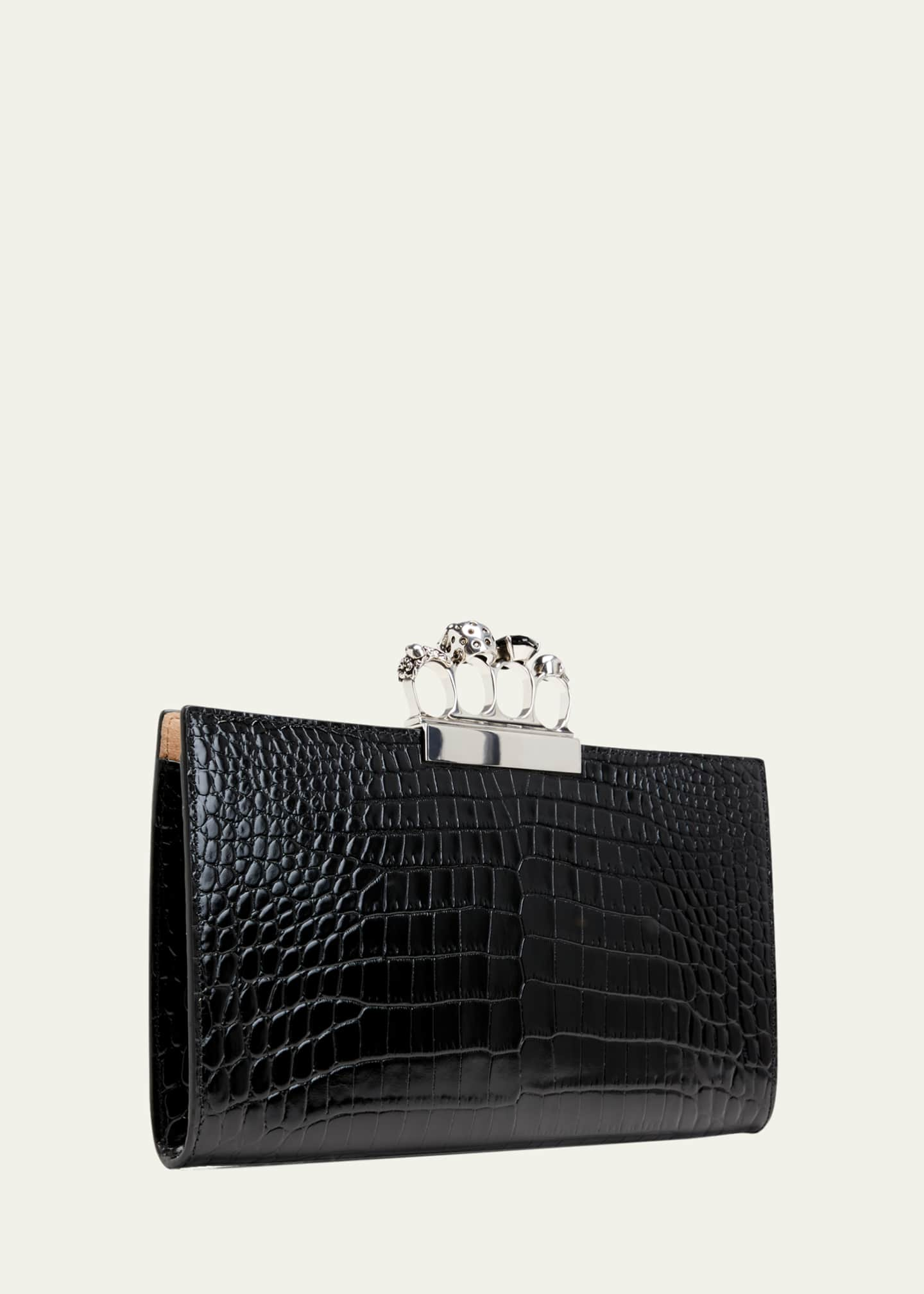 Alexander McQueen Shiny Croc-Embossed Flat Knuckle Clutch Bag