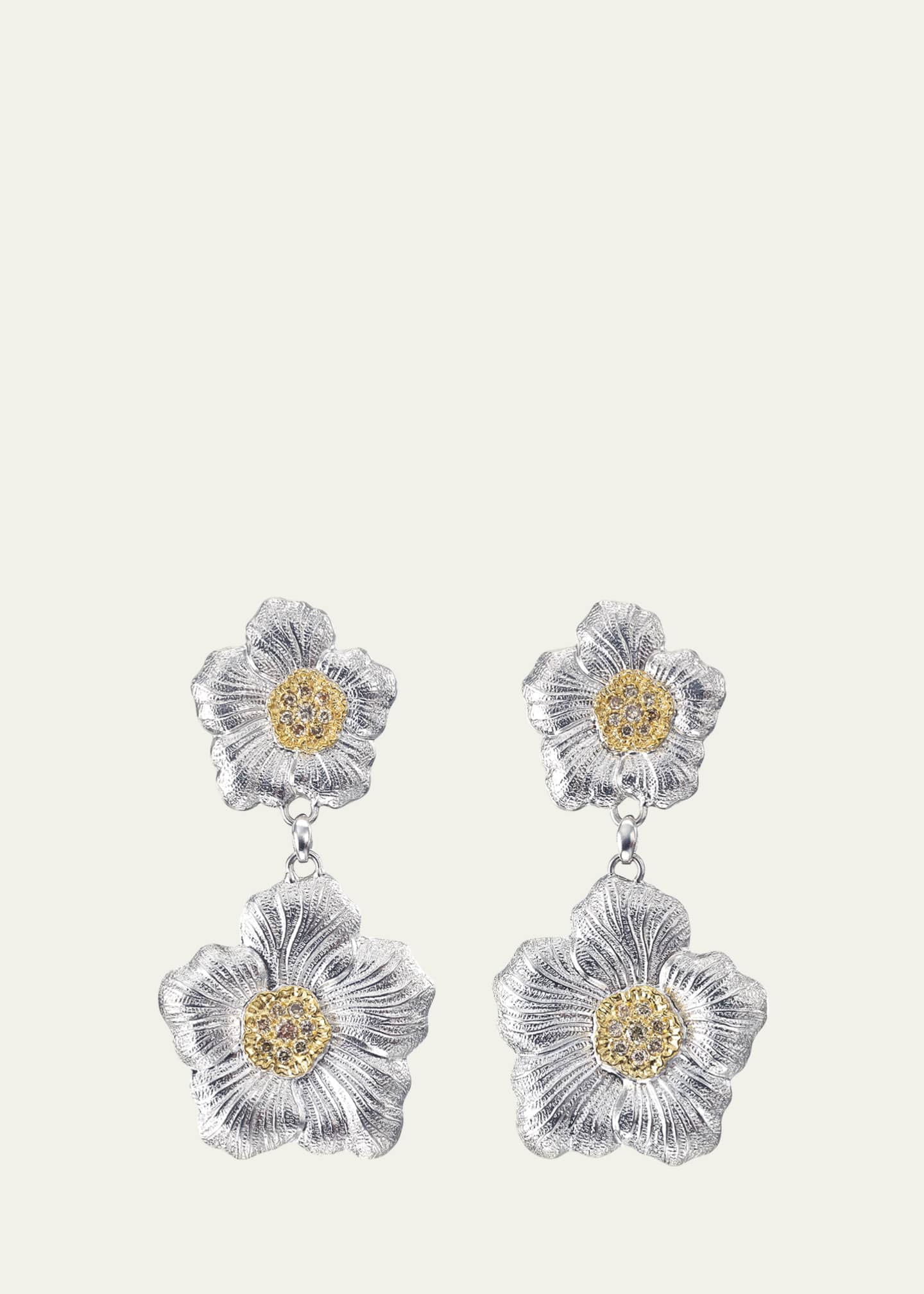 Buccellati Blossoms Gardenia Silver, Gold and Brown Diamond Pendant Earrings Image 1 of 5