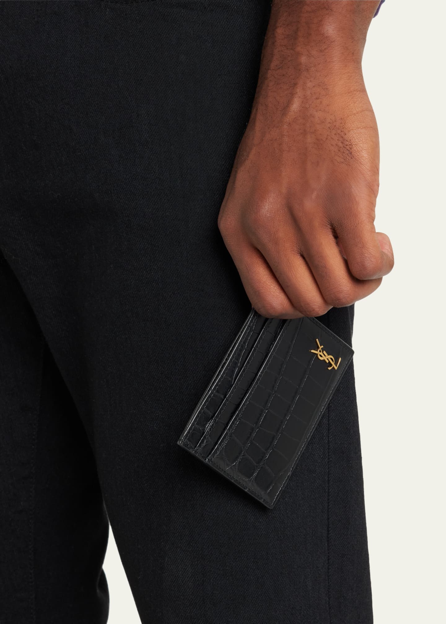 Saint Laurent Men s YSL Monogram Croc Embossed Card Case Bergdorf Goodman