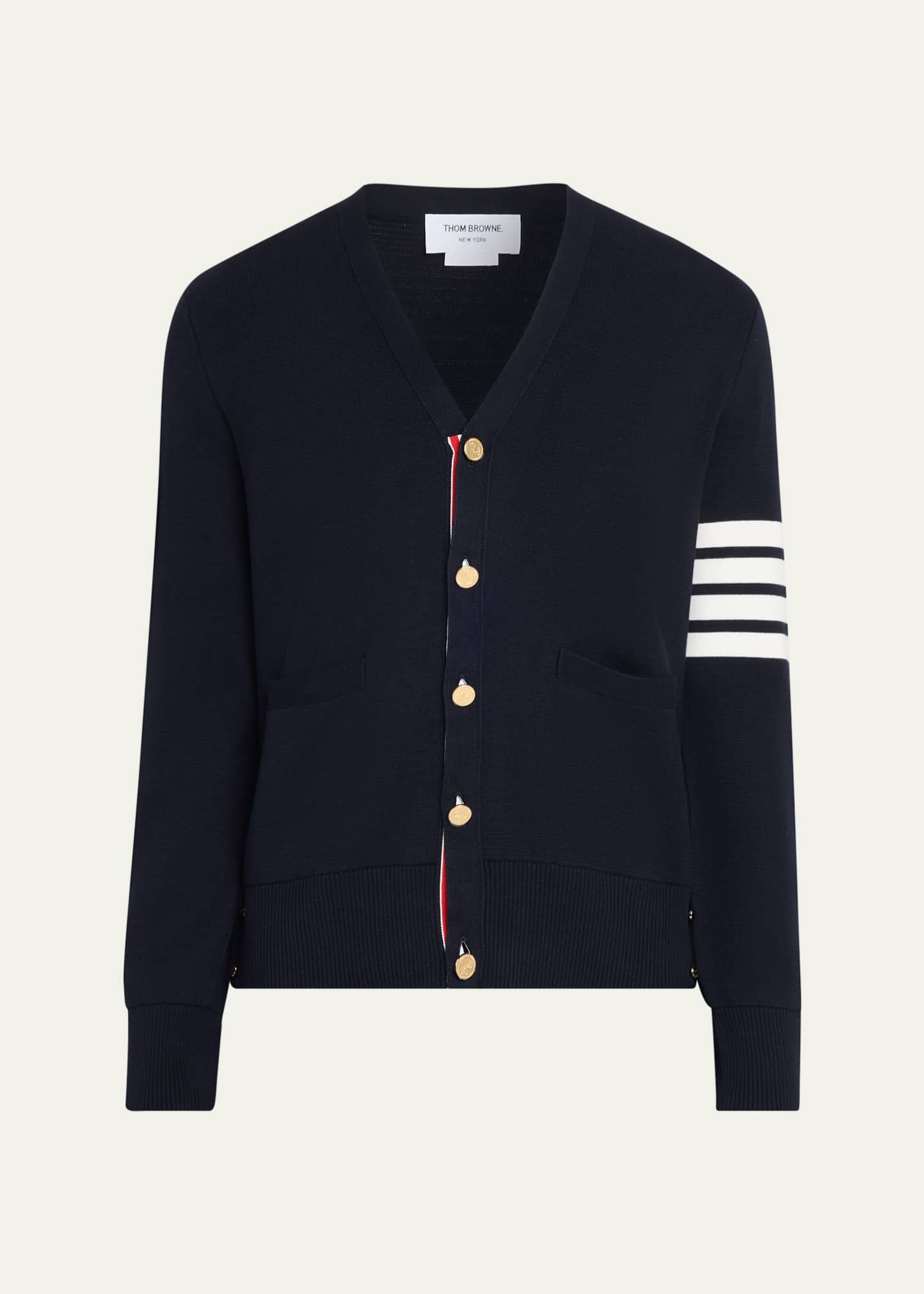 Thom Browne Men's Milano Stitch V Neck Cardigan In Cotton W 4 Bar