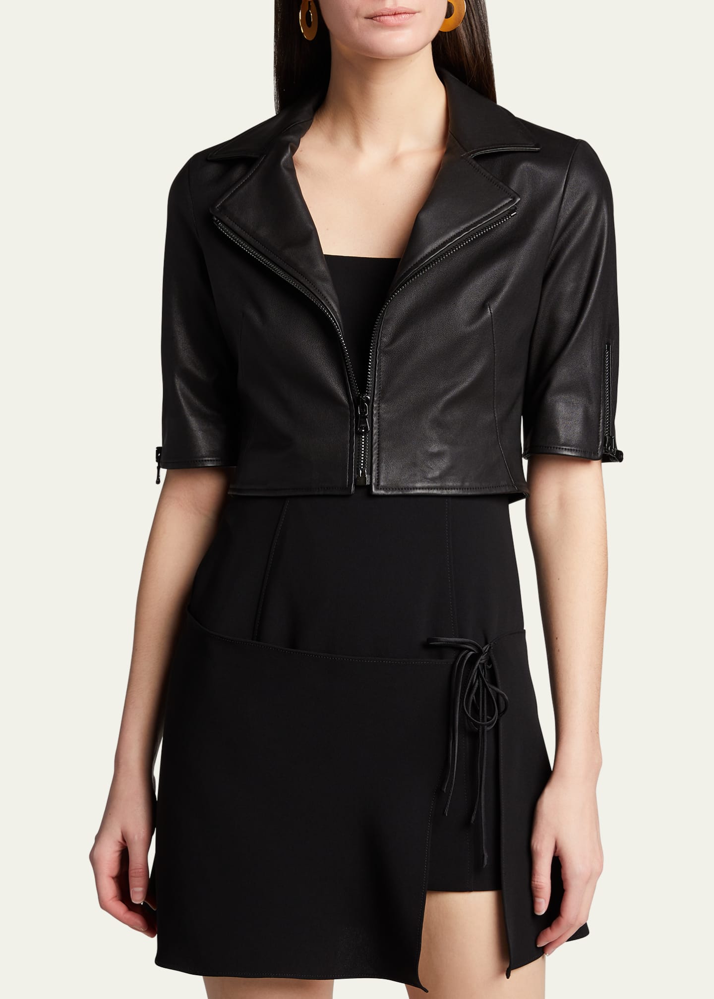 Susan Bender Short-Sleeve Cropped Leather Moto Jacket Black Size 8