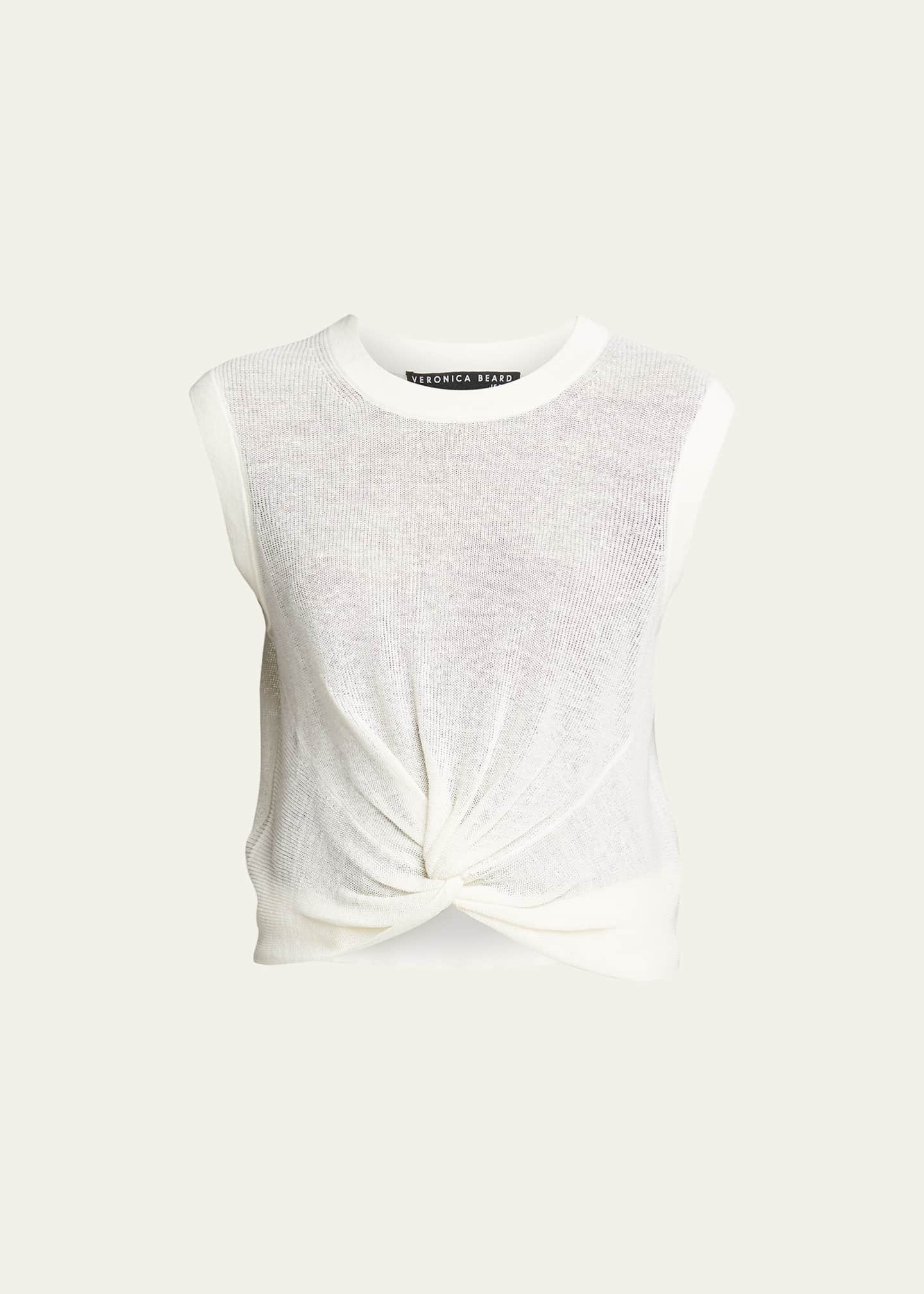 Veronica Beard Kellen Crewneck Cap-Sleeve Twist-Front Sweater Image 1 of 5