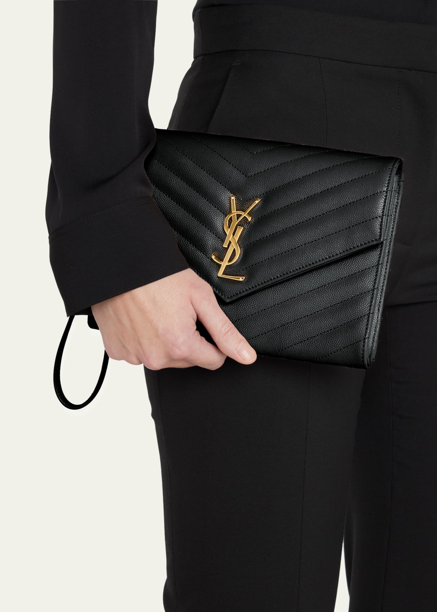 Saint Laurent YSL Monogram Flap Clutch Bag in Grained Leather ...