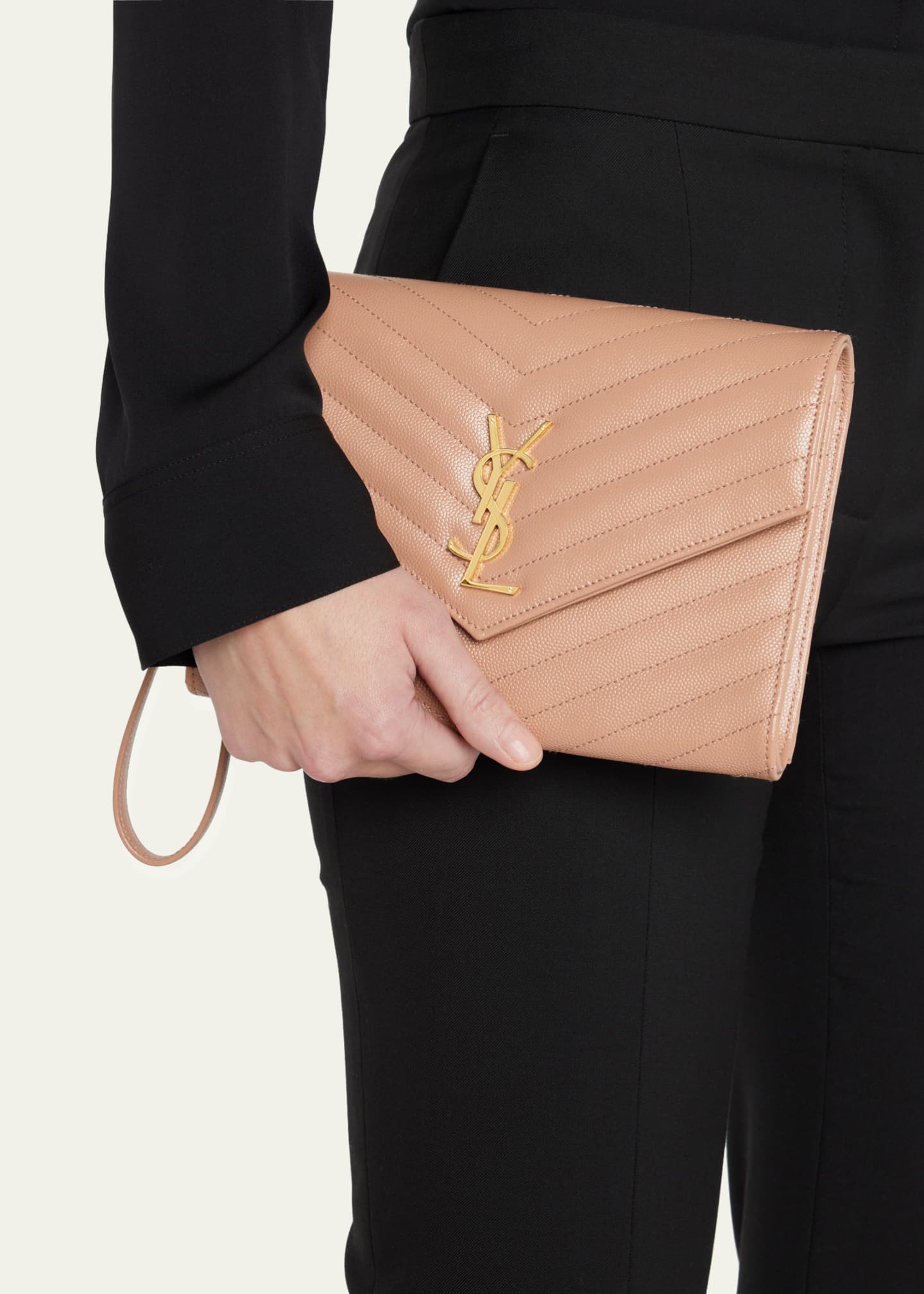 Saint Laurent YSL Monogram Flap Clutch Bag in Grained Leather
