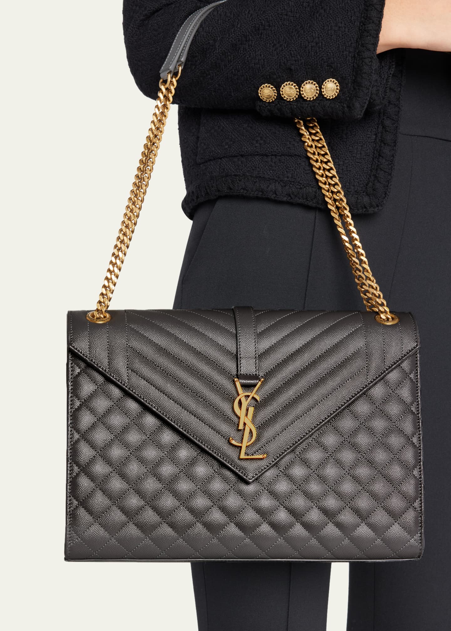 Saint Laurent Monogram YSL Large Tri-Quilted Envelope Chain Shoulder Bag Storm