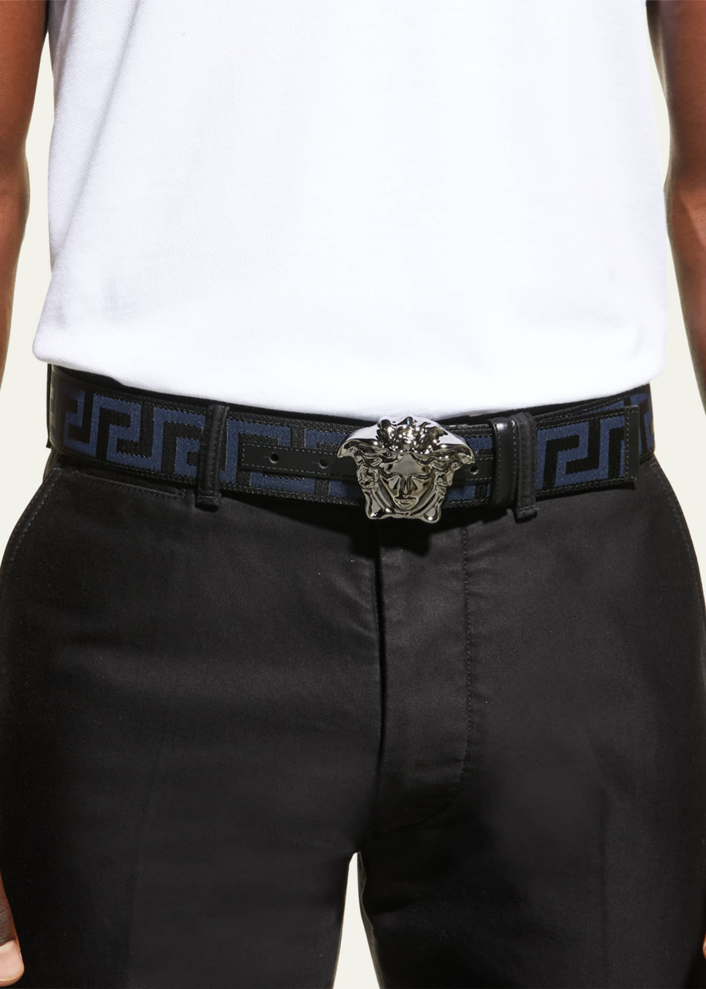Versace Men's Tonal Medusa/Greek Key Web Belt, Black, Men's, 38in / 95cm