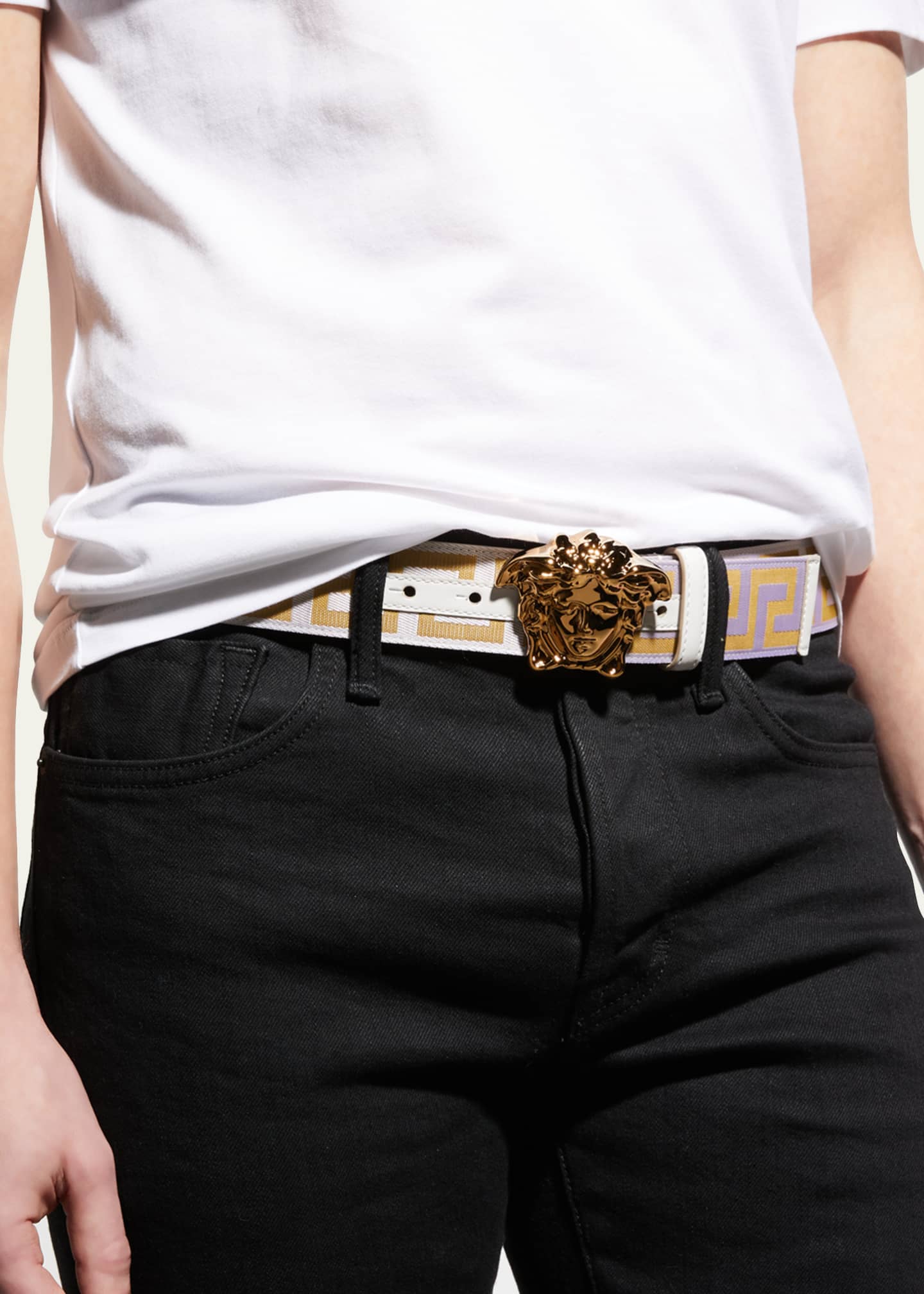 Men's Tonal Medusa/greek Key Web Belt In White+gold