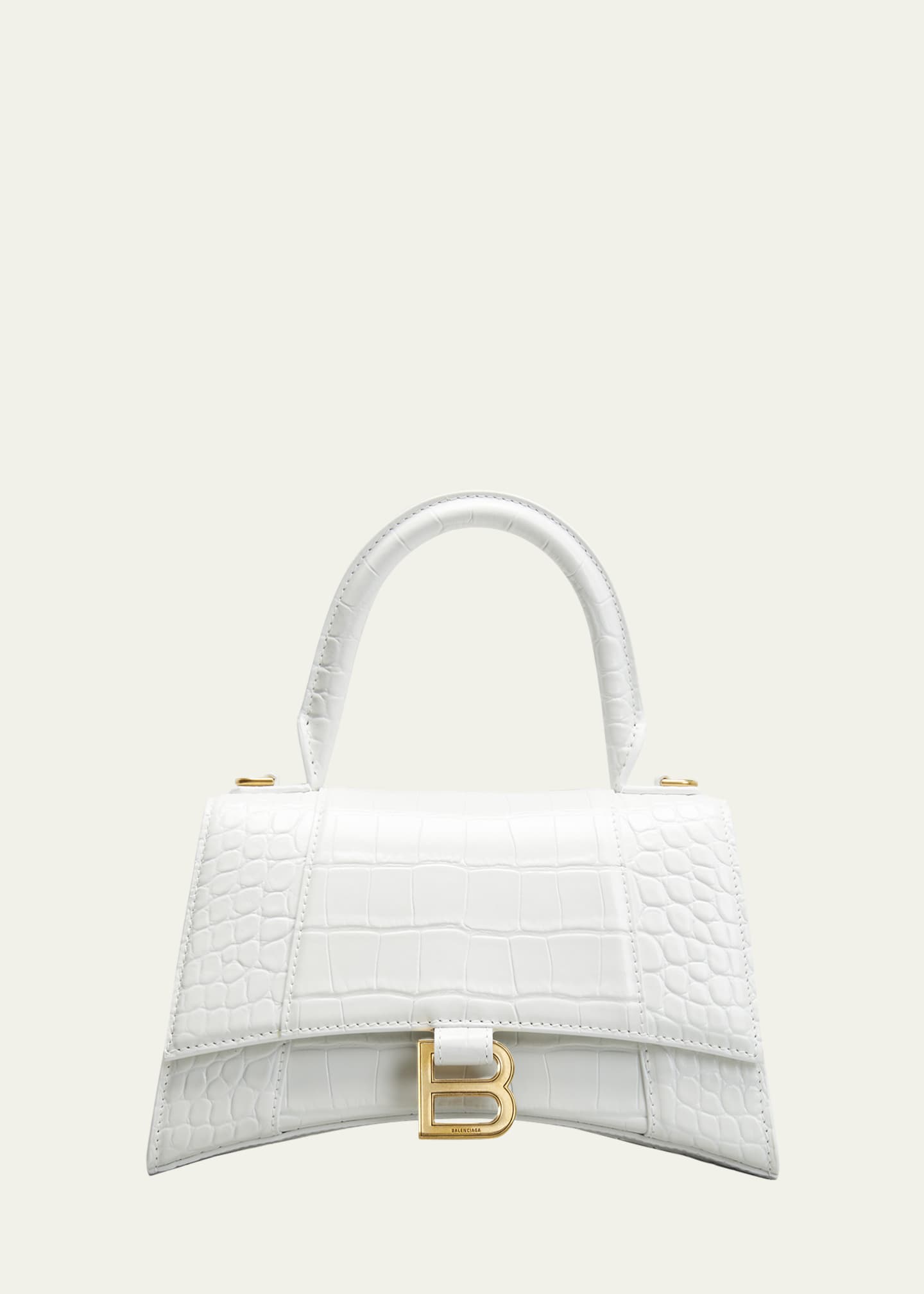 Balenciaga Hourglass Top Handle Bag Crocodile Embossed Leather Mini White