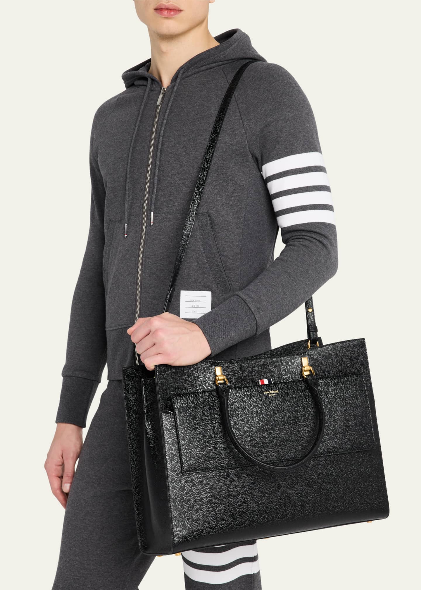 Thom Browne Men's Large Duet Tote In Pebble Grain Leather Image 2 of 6