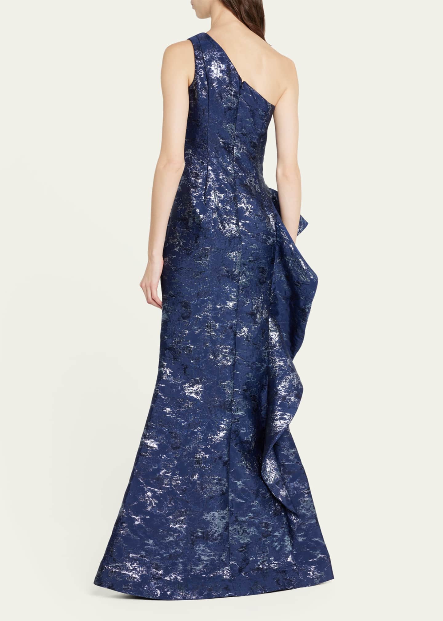 Metallic Jacquard One-Shoulder Side-Ruffle Gown