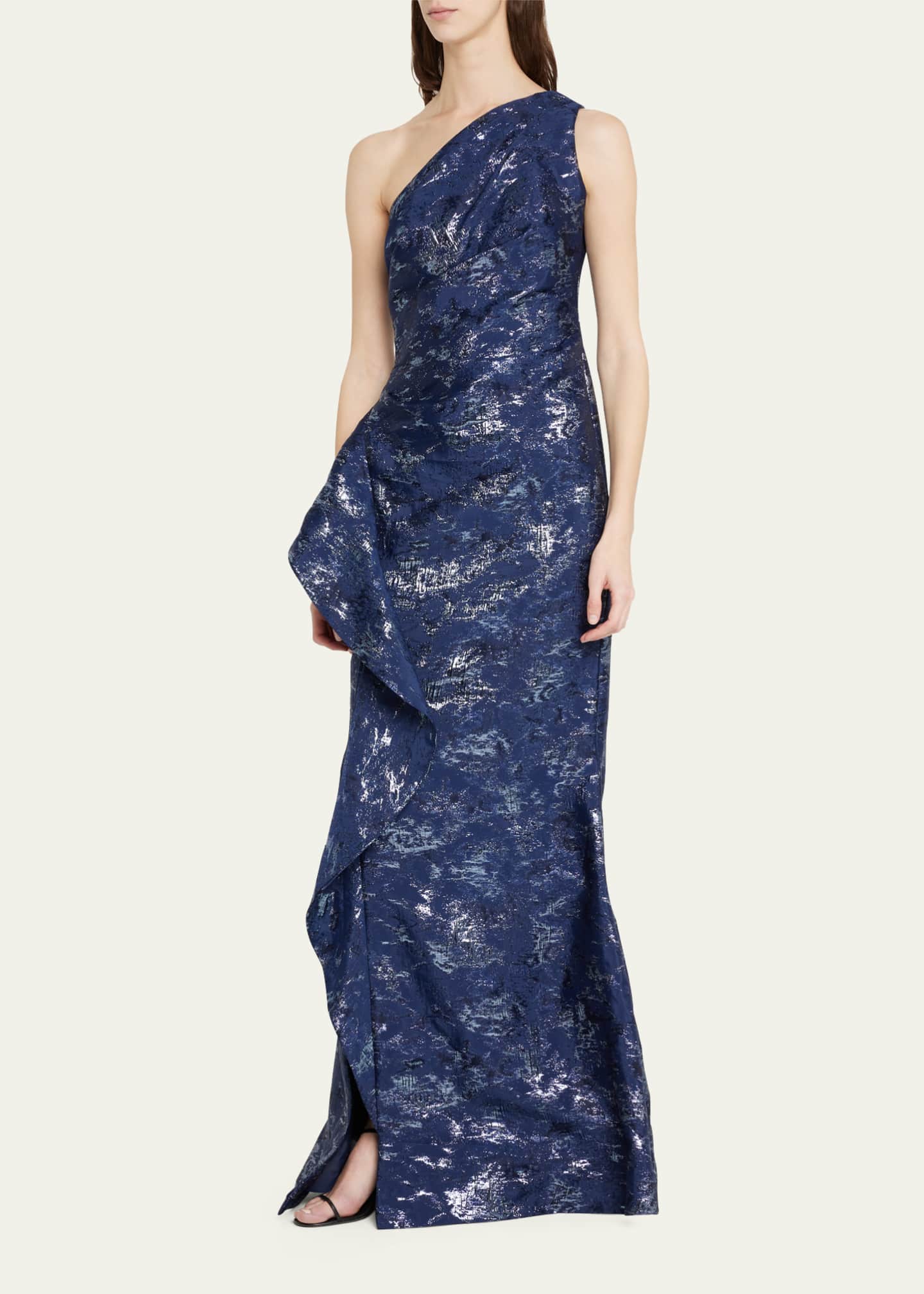 Rickie Freeman for Teri Jon Metallic Jacquard One Shoulder Side