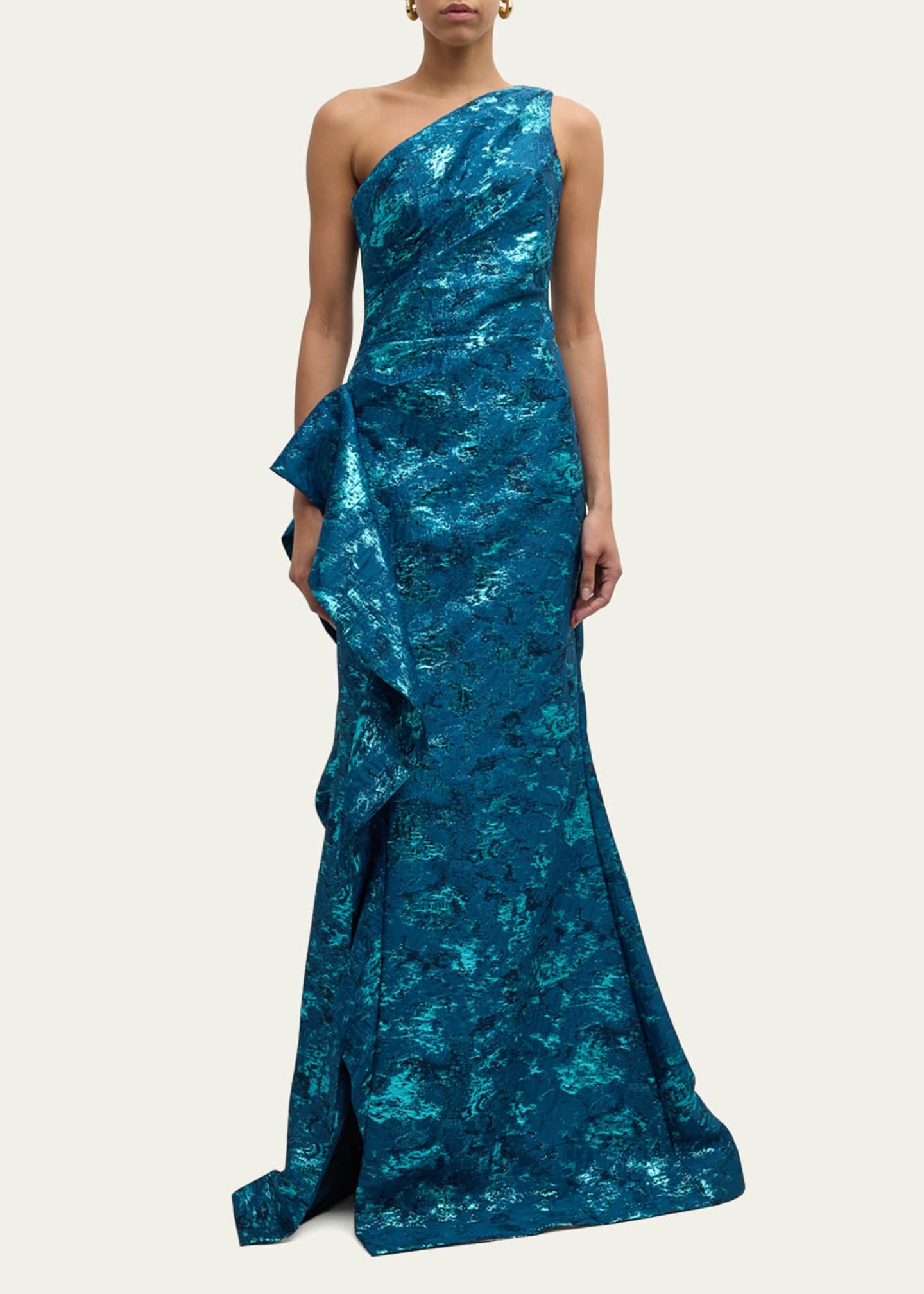 Rickie Freeman for Teri Jon Metallic Jacquard One-Shoulder Side-Ruffle Gown Image 2 of 5