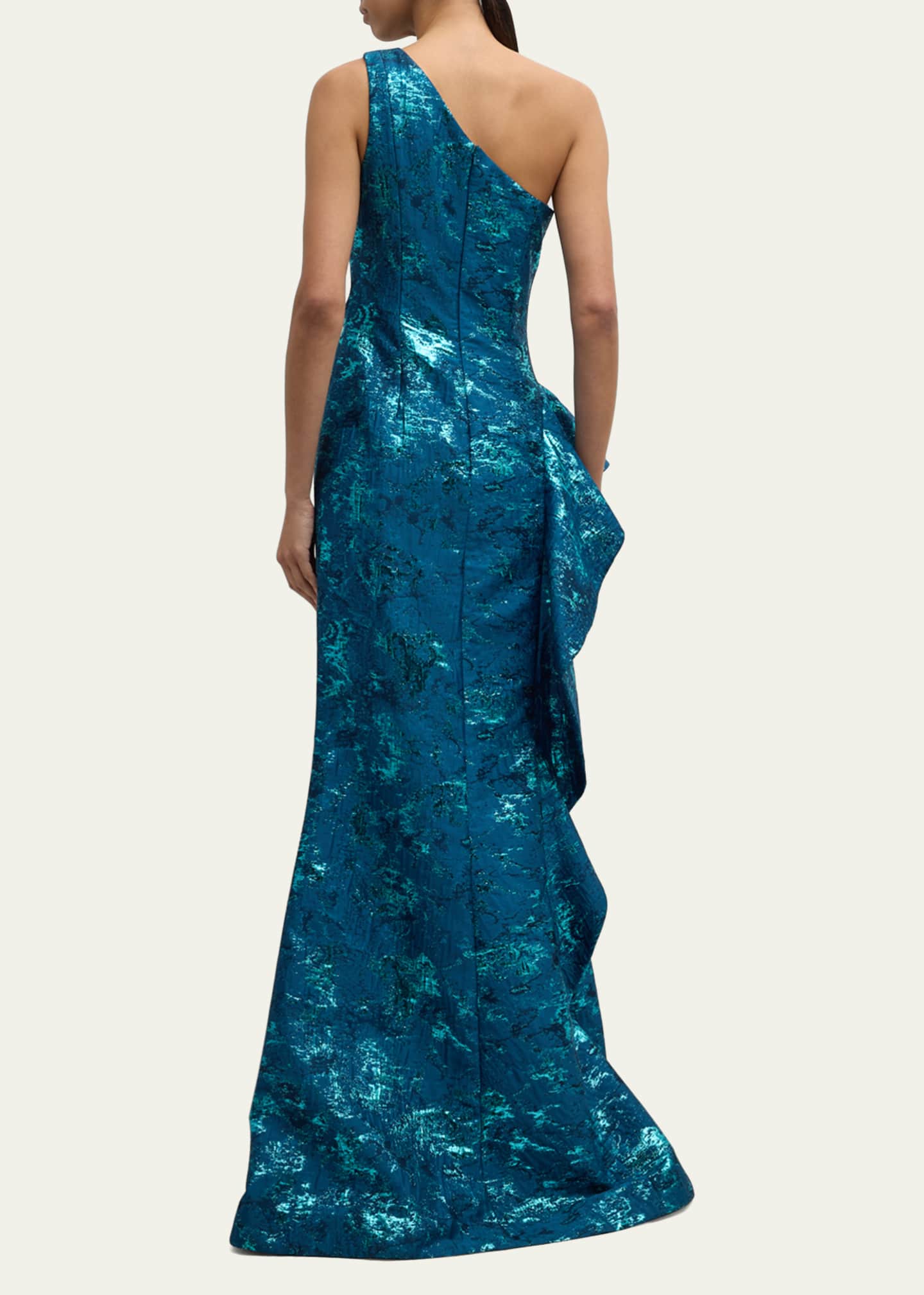 Rickie Freeman for Teri Jon Metallic Jacquard One-Shoulder Side-Ruffle Gown Image 3 of 5