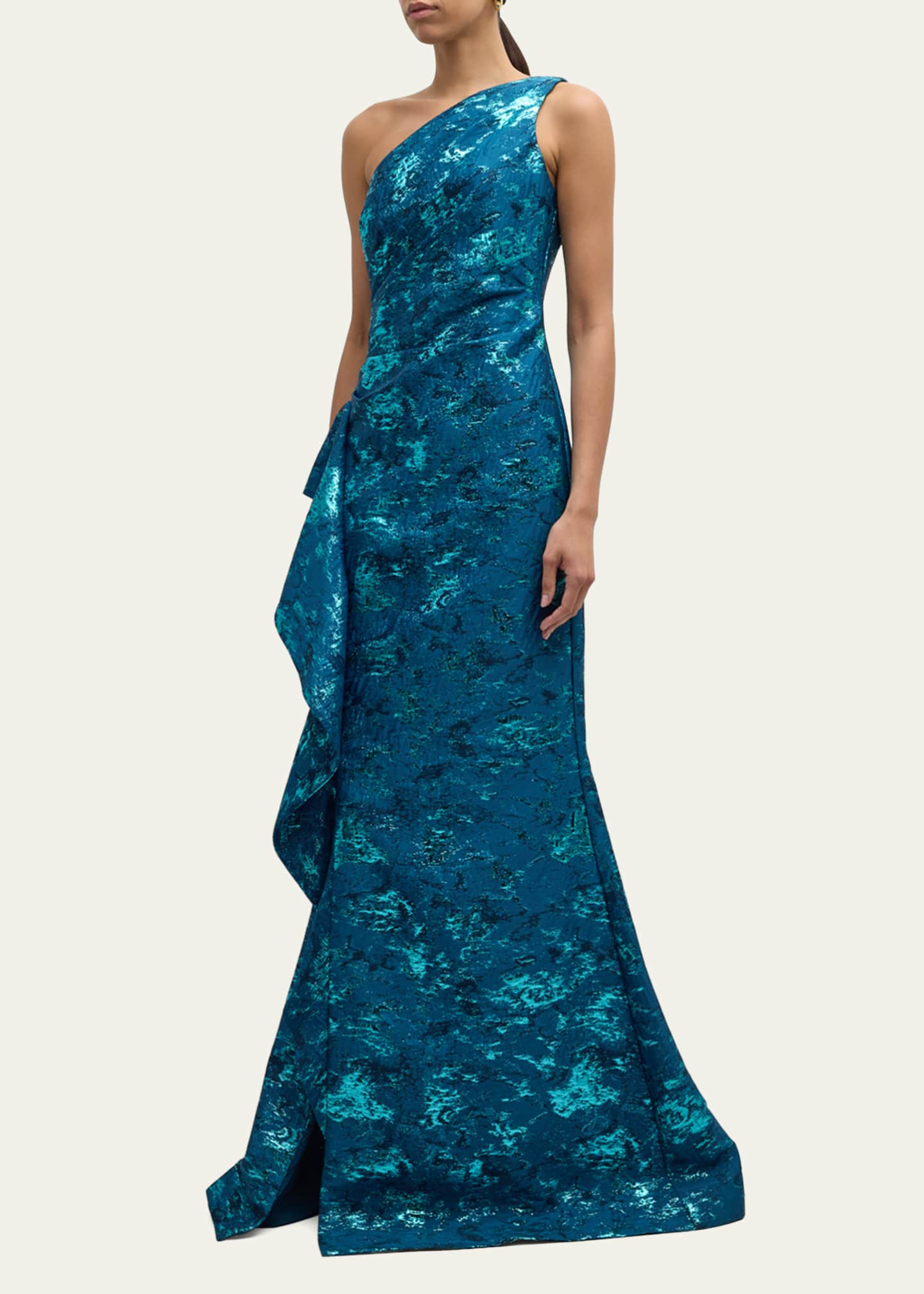 Rickie Freeman for Teri Jon Metallic Jacquard One-Shoulder Side-Ruffle Gown Image 4 of 5