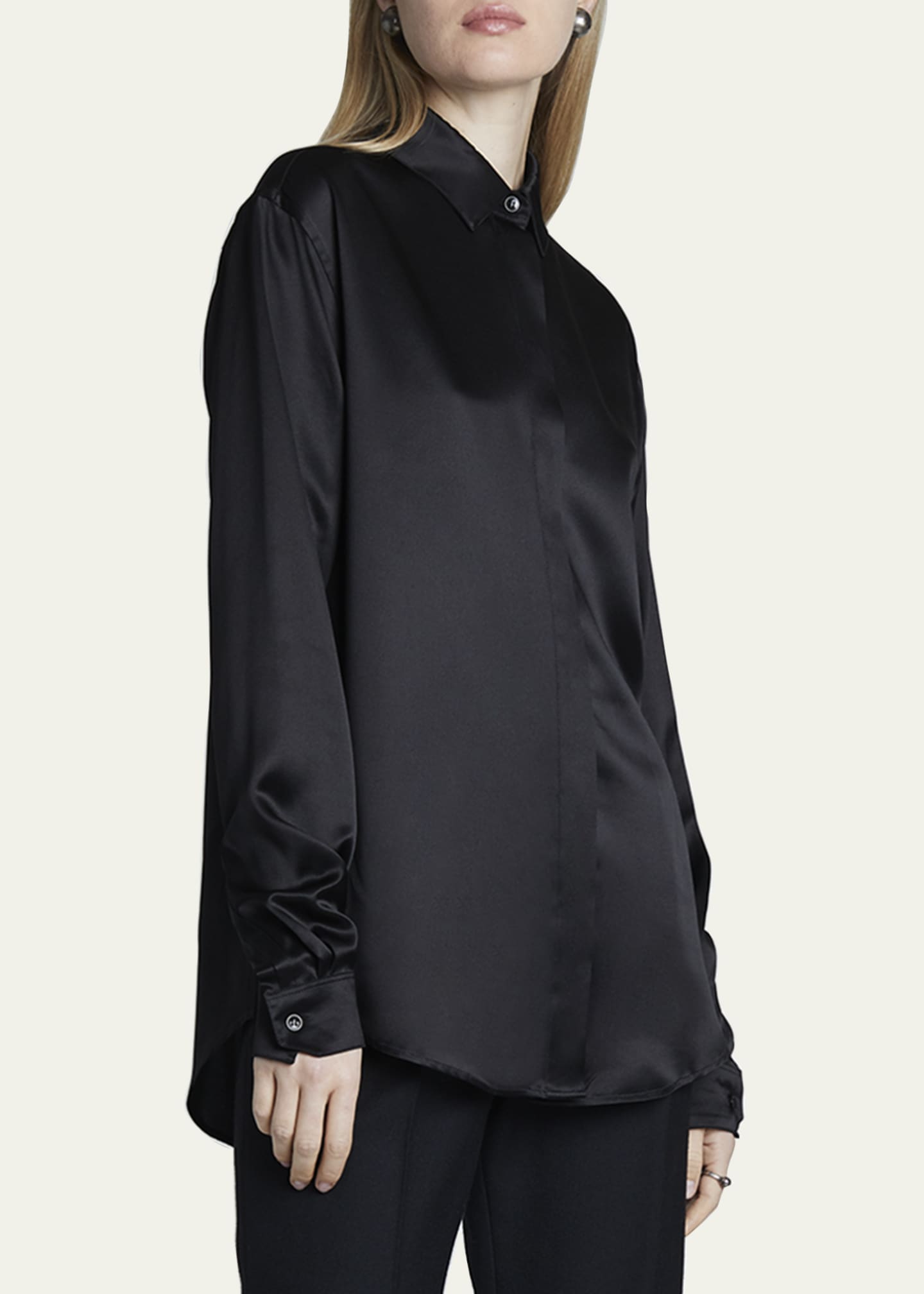 Saint Laurent Long-Sleeve Button-Down Satin Blouse - Bergdorf Goodman