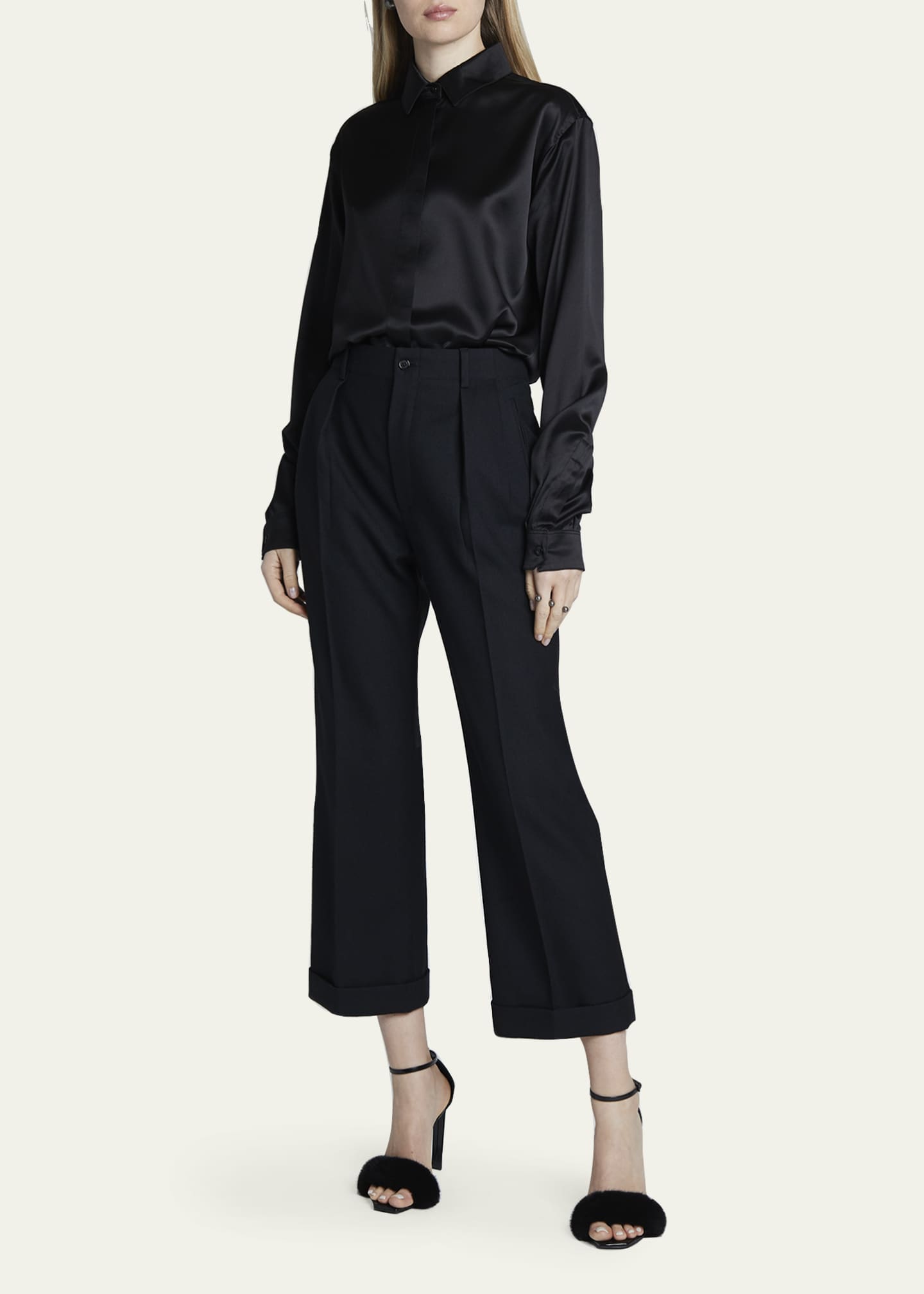 Saint Laurent Long-Sleeve Button-Down Satin Blouse - Bergdorf Goodman