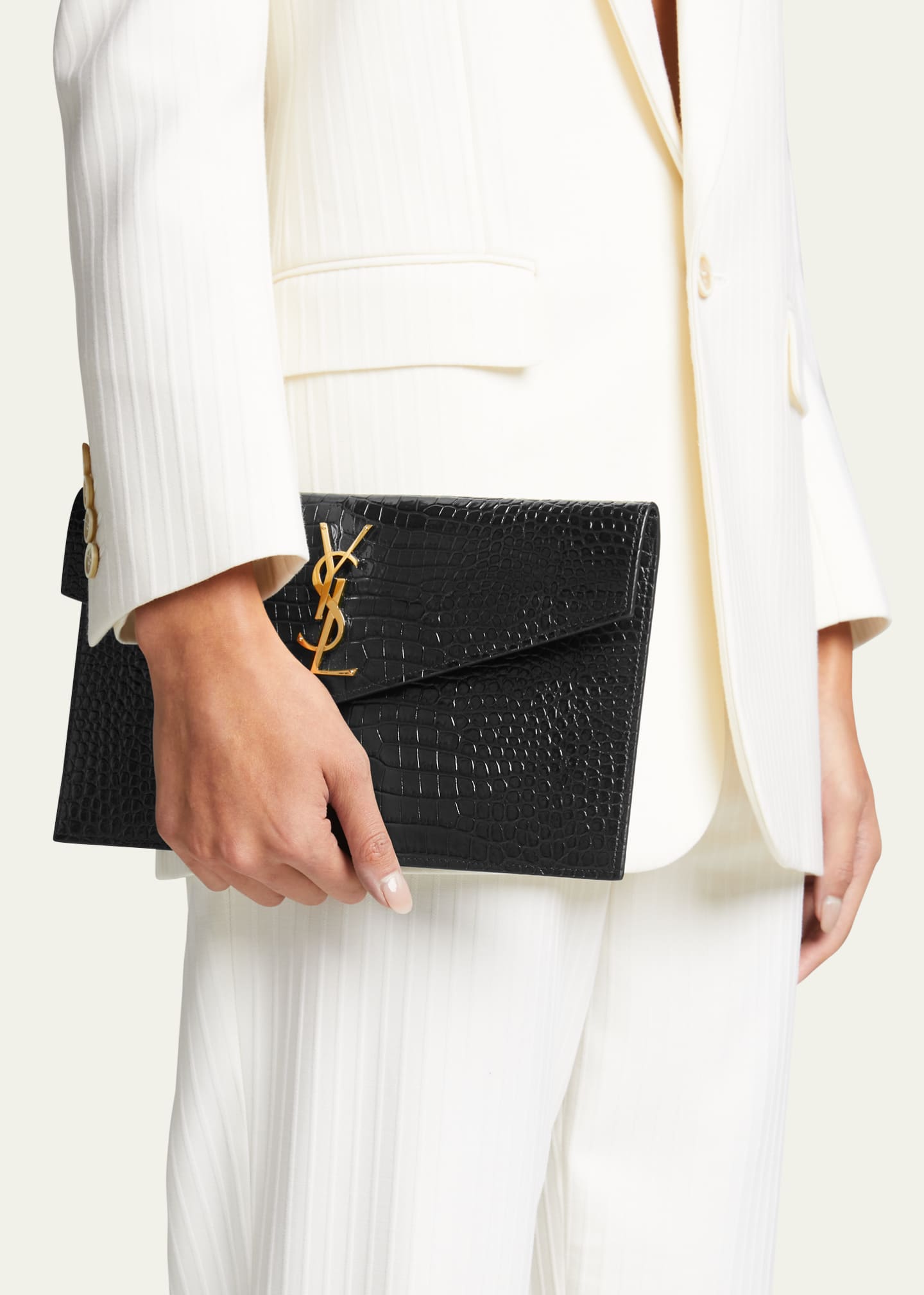 Saint Laurent Uptown Medium YSL Monogram Croc-Embossed Pouch