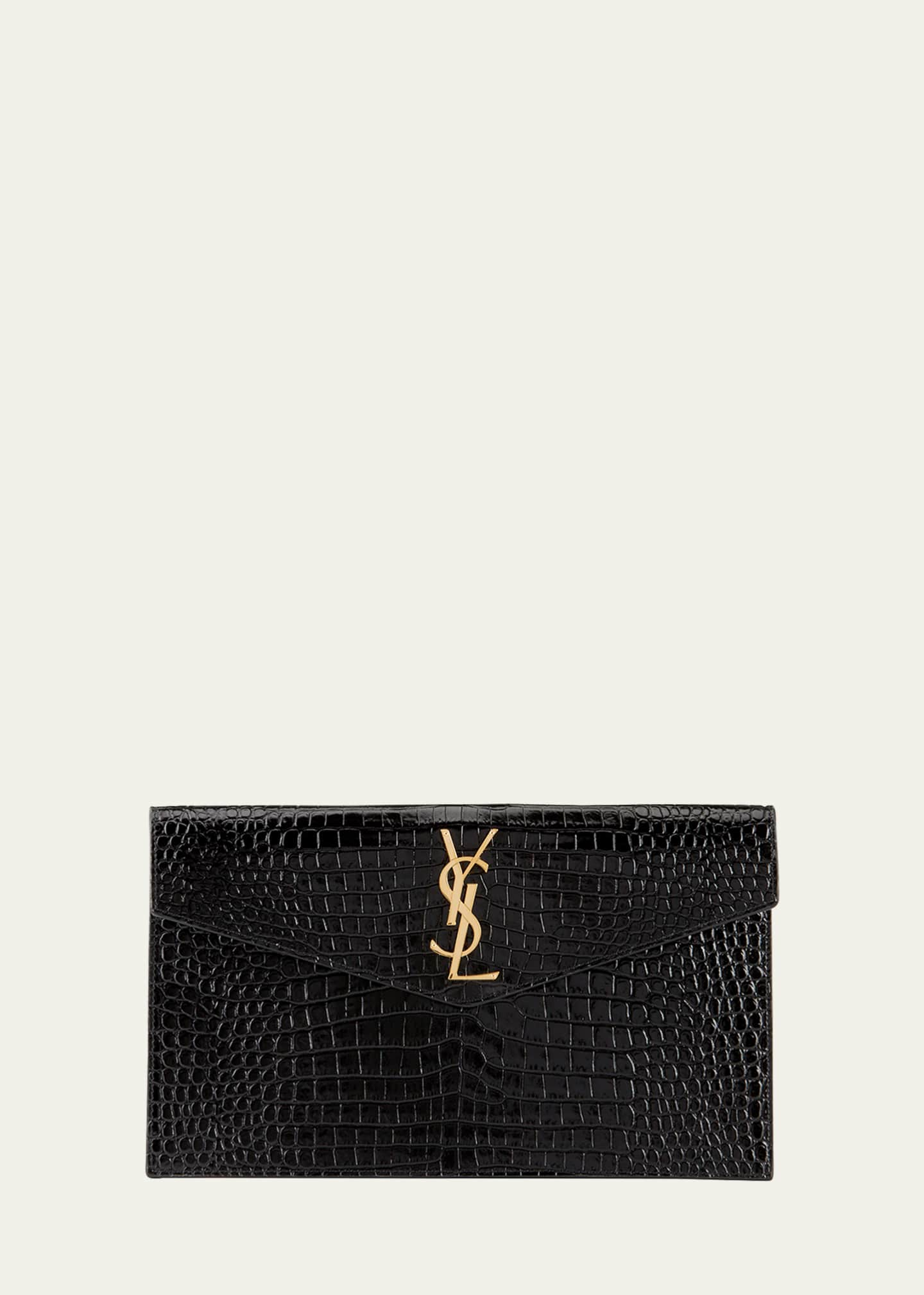 Saint Laurent Uptown Medium YSL Monogram Croc-Embossed Pouch Bag in 2023