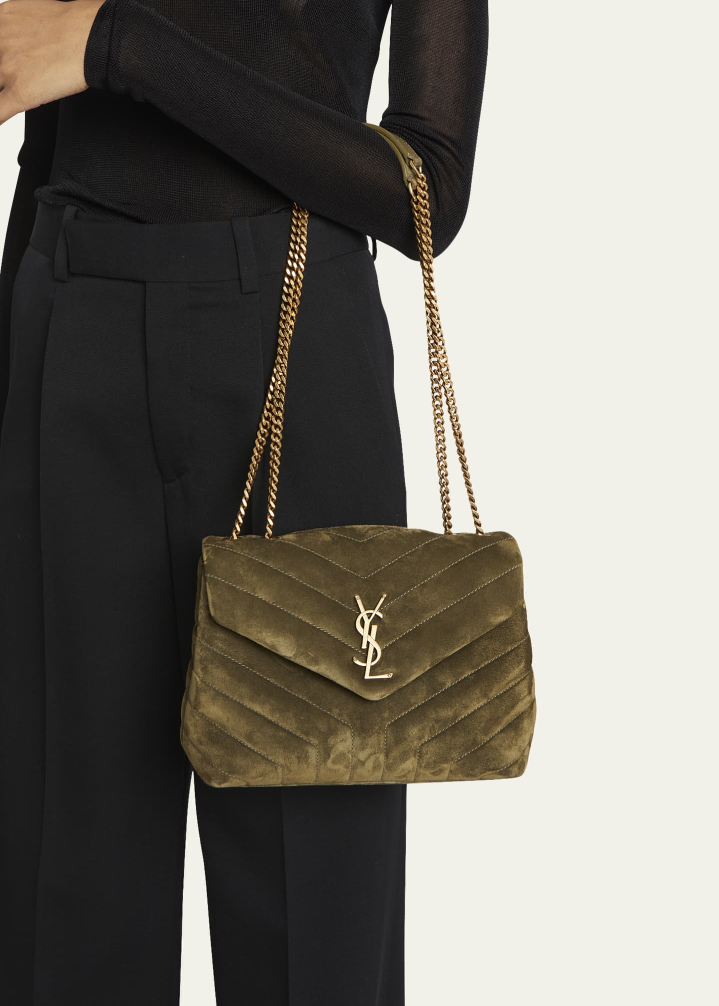 Saint Laurent Loulou Small Suede Shoulder Bag in Green