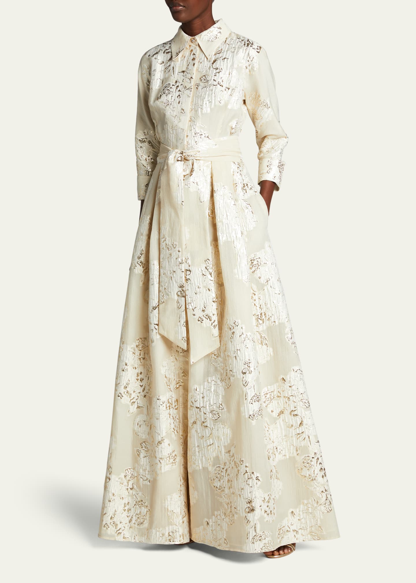 Rickie Freeman for Teri Jon Belted Jacquard Shirtdress Gown Image 4 of 5