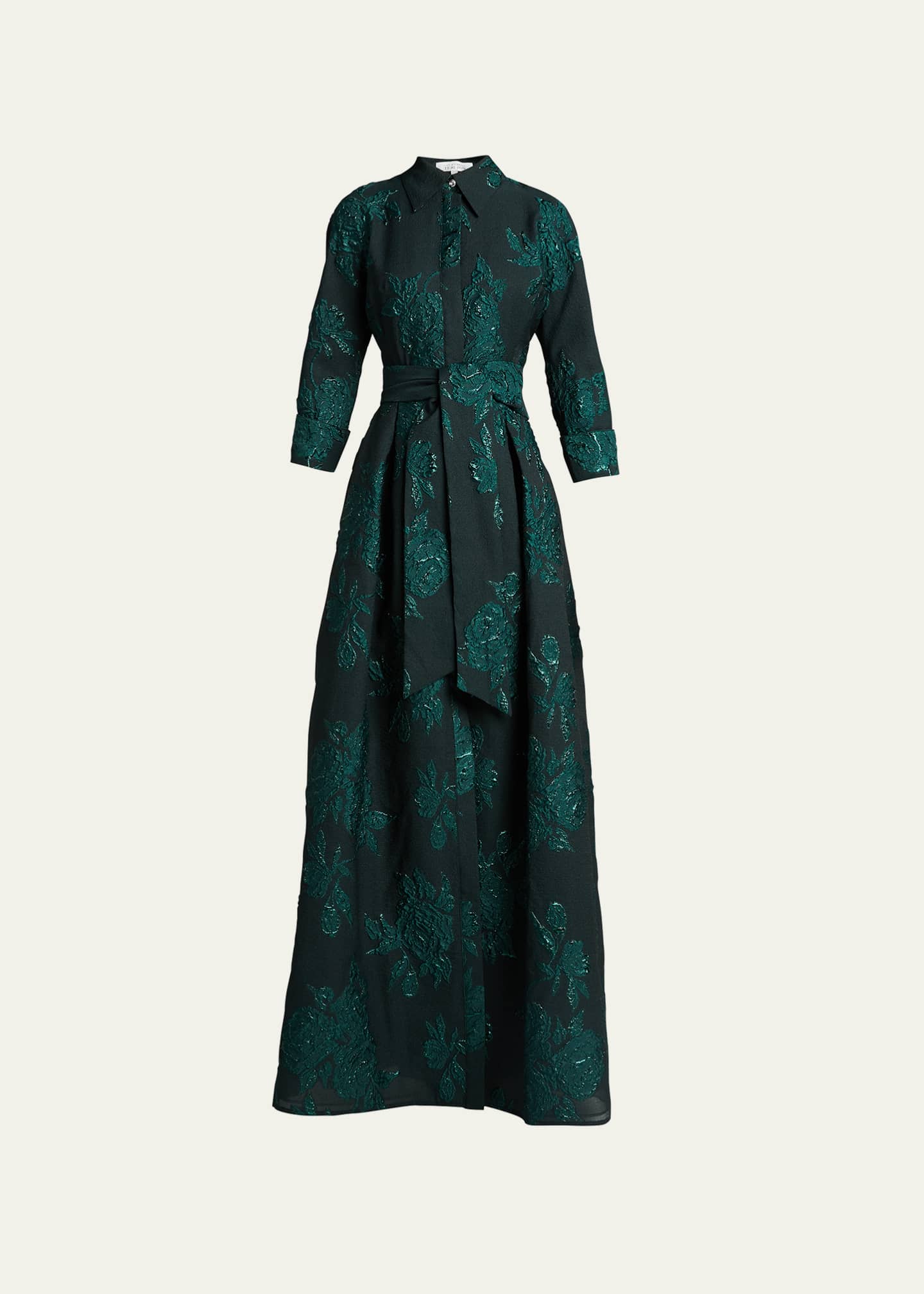 Rickie Freeman for Teri Jon Metallic Jacquard Shirt Dress Gown - Navy