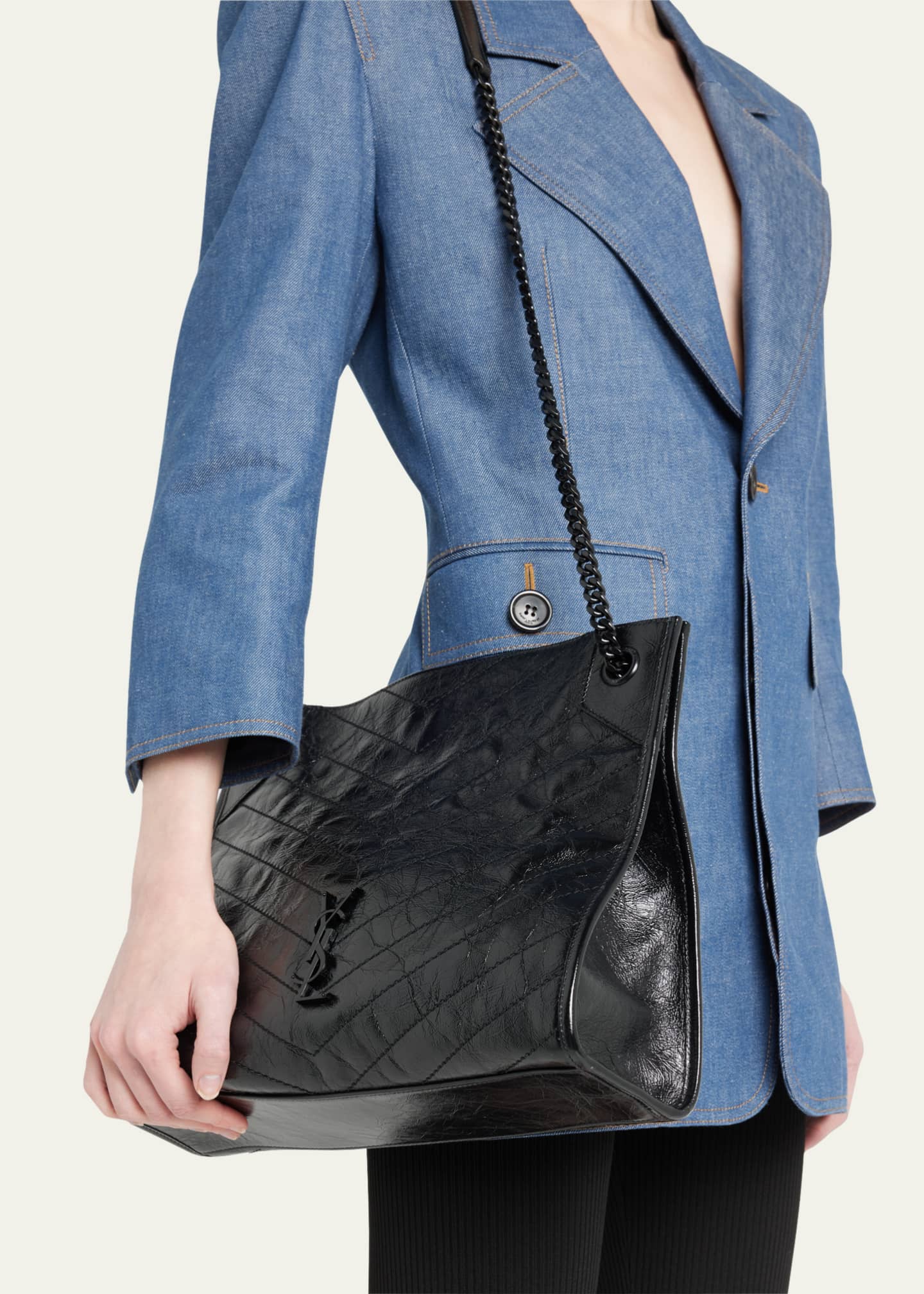Saint Laurent Niki Medium YSL Shopper Tote Bag in Crinkled Leather Image 2 of 7