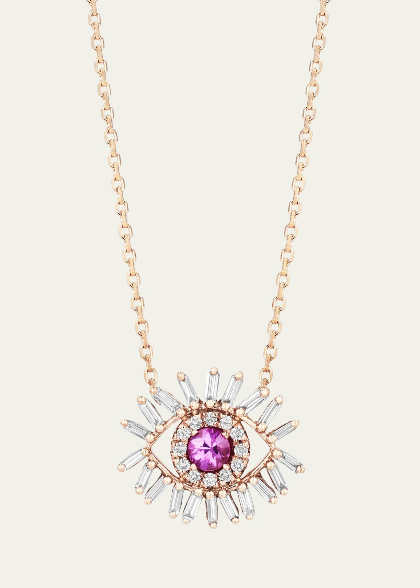 Suzanne Kalan 18k Rose Gold Mini Pink Sapphire Evil Eye Pendant Necklace with Diamonds