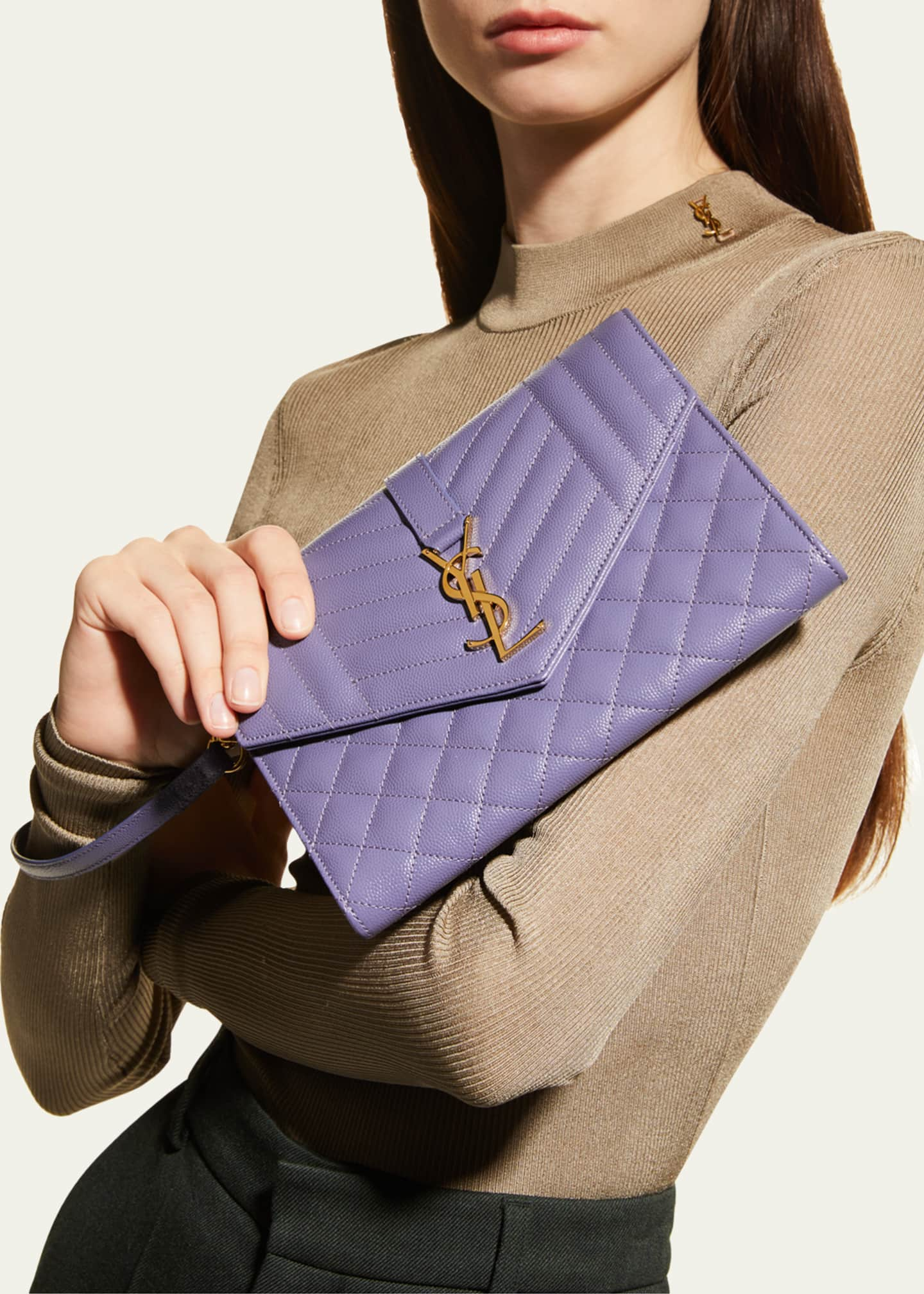 Saint Laurent Envelope Flap YSL Clutch Bag in Grained Leather